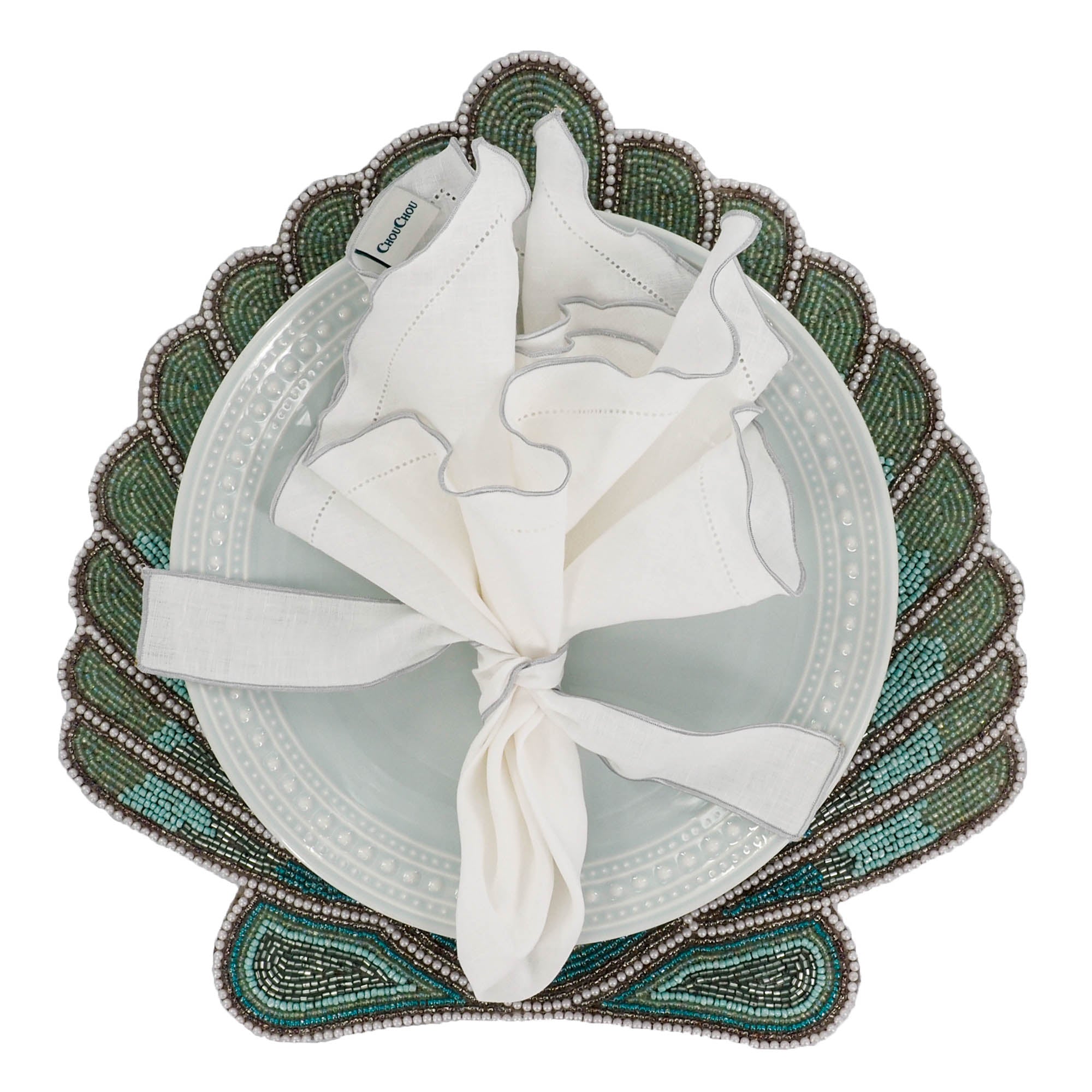 Elegant white linen napkins with silver ruffled hemstitch detailing, handmade for lasting quality and charm.