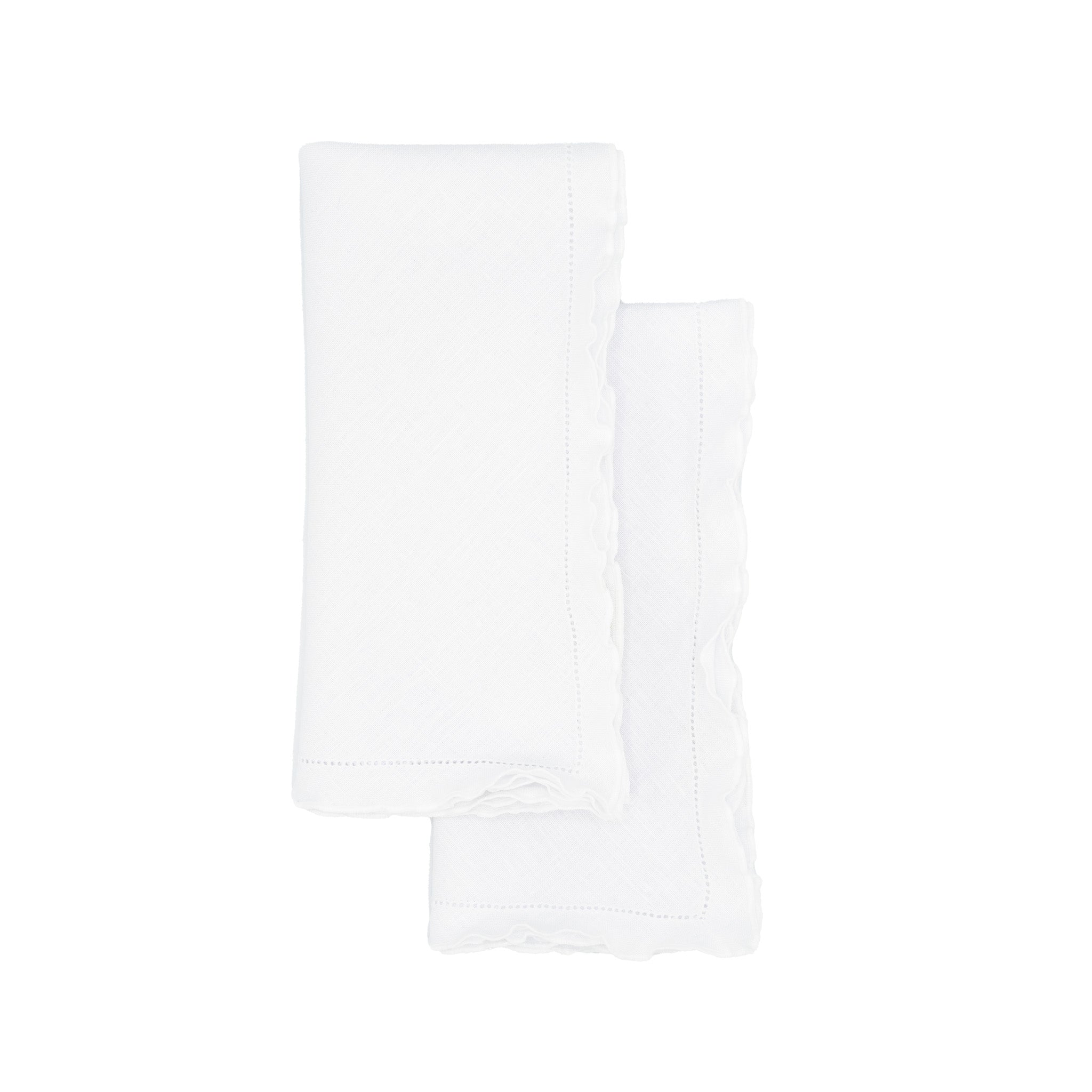 Set of 4 linen napkins, 21x21 inches, with white ruffled hemstitch edges for a chic and refined dining experience.