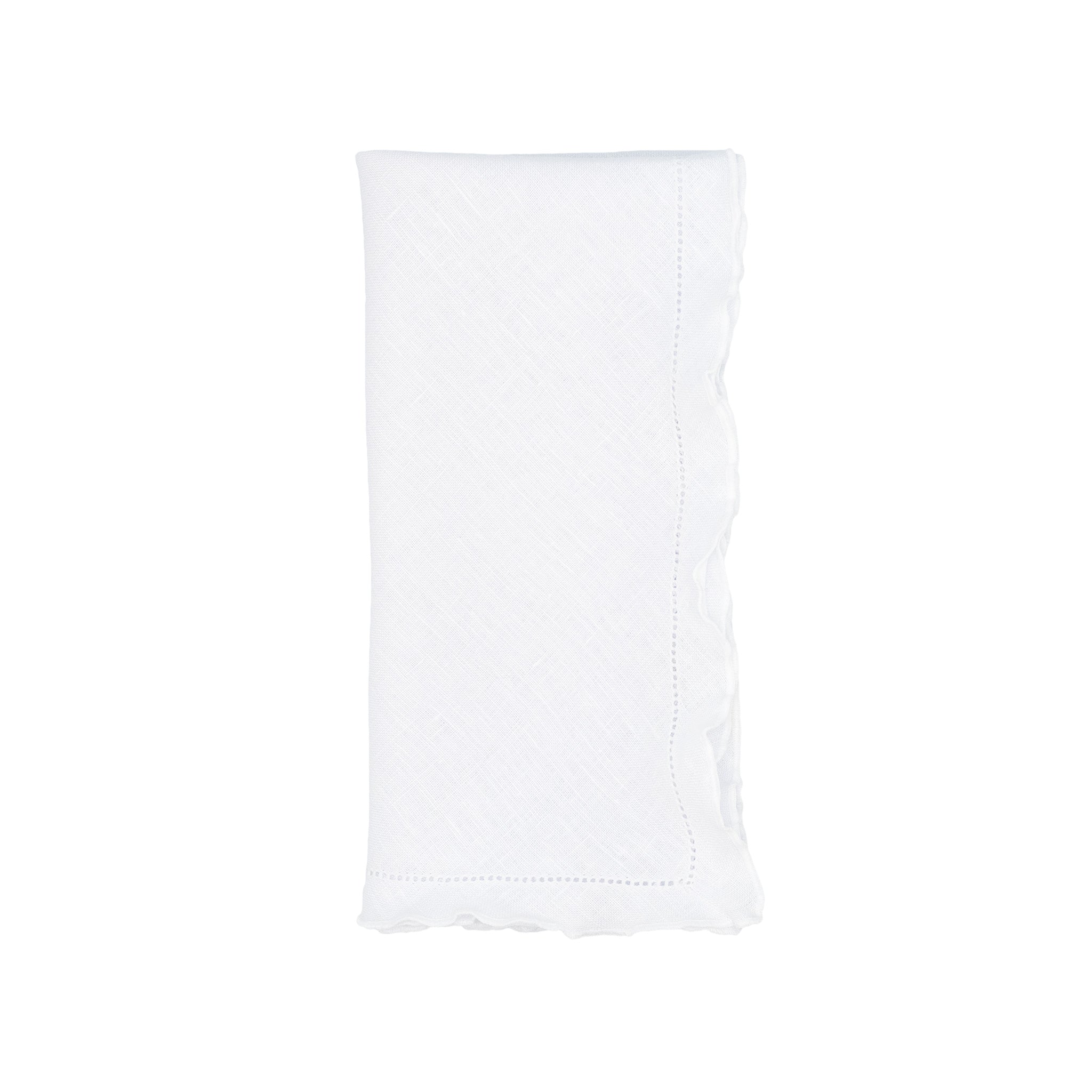 Elegant linen napkins with white ruffled hemstitch detailing, handmade for lasting quality and charm.