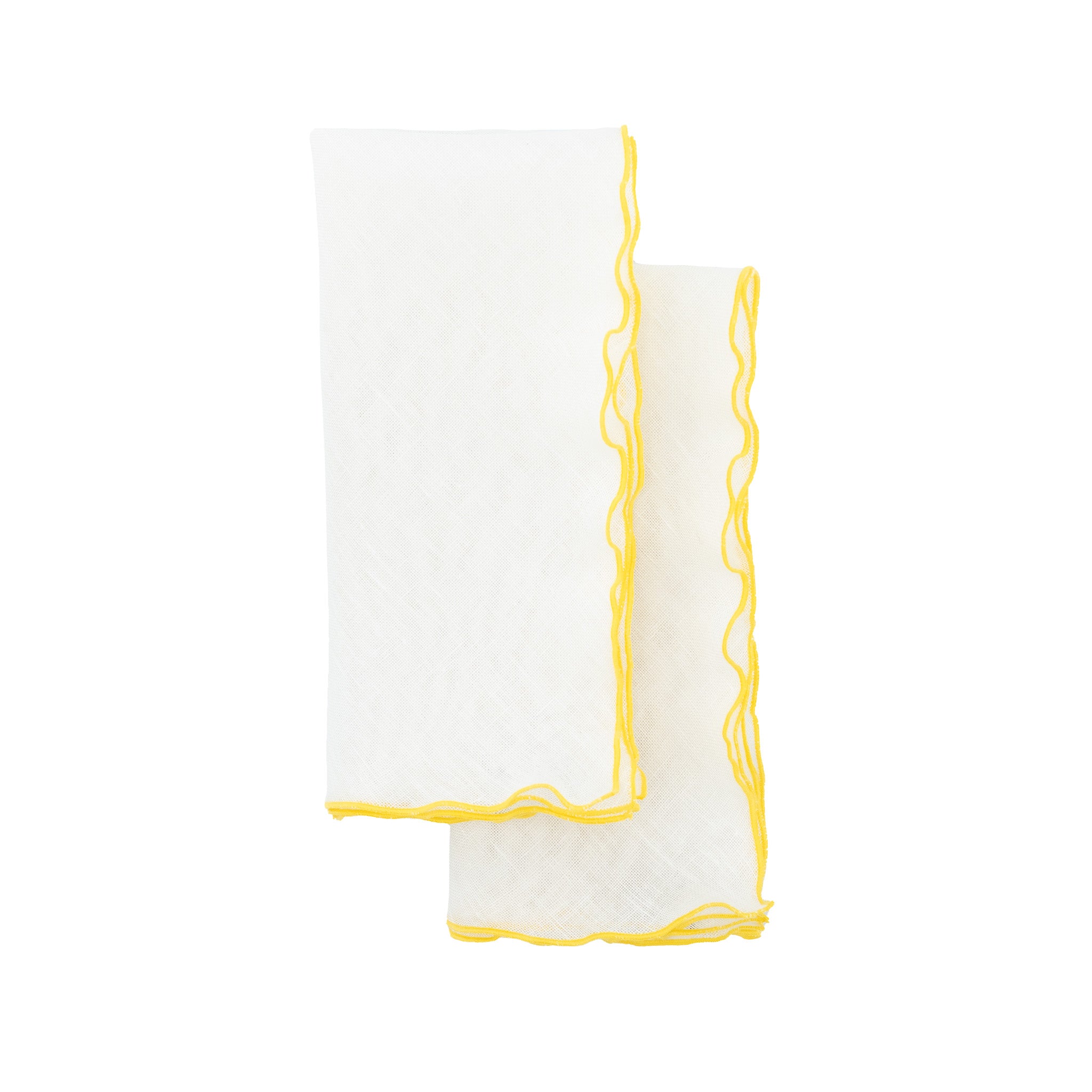 Set of 4 linen napkins, 21x21 inches, with yellow ruffled edges, ideal for both family dinners and upscale occasions.