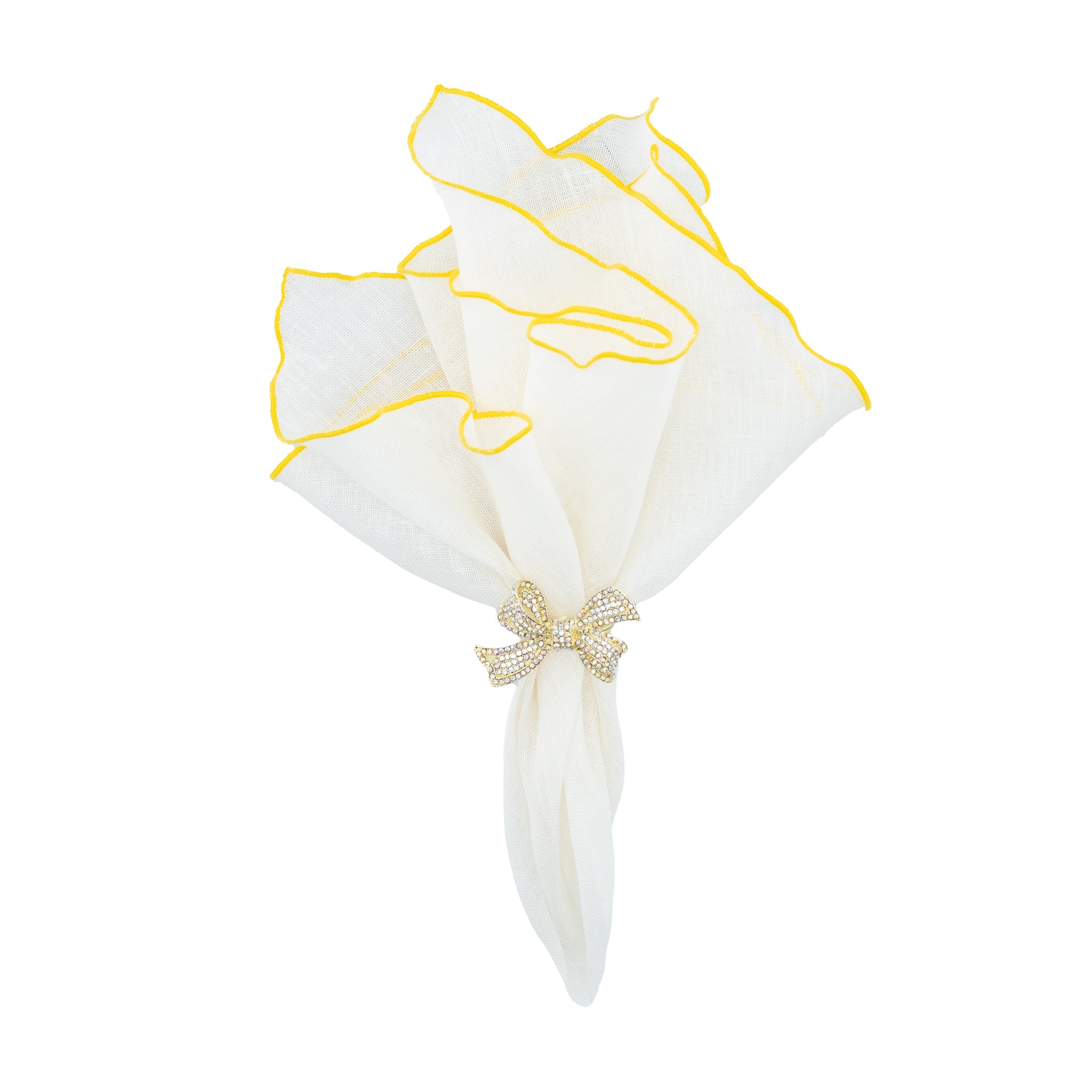 Chouchou Touch handmade linen napkins with yellow ruffled edges, perfect for adding a burst of color to any event.