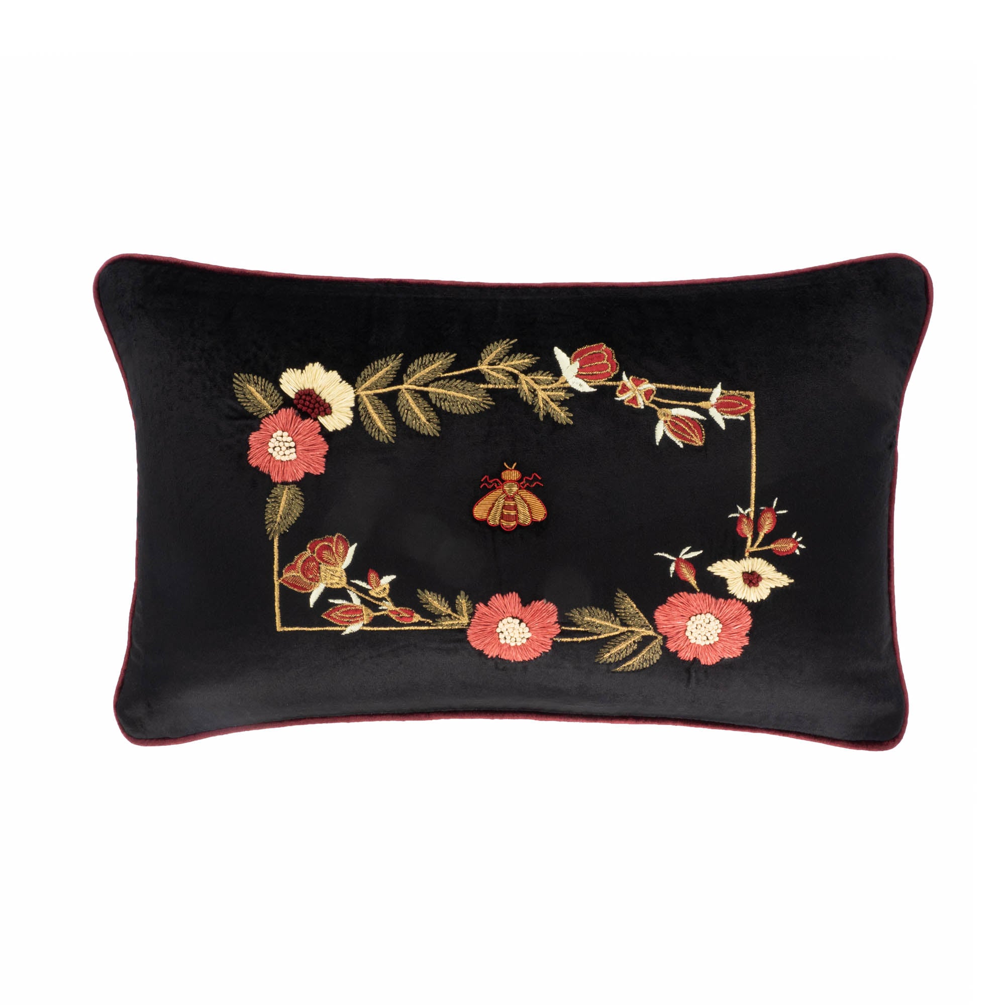 12" x 20" Love Bee Silk Velvet Throw Pillow, featuring ornate golden metal embroidery on black velvet, perfect for elegant home interiors.