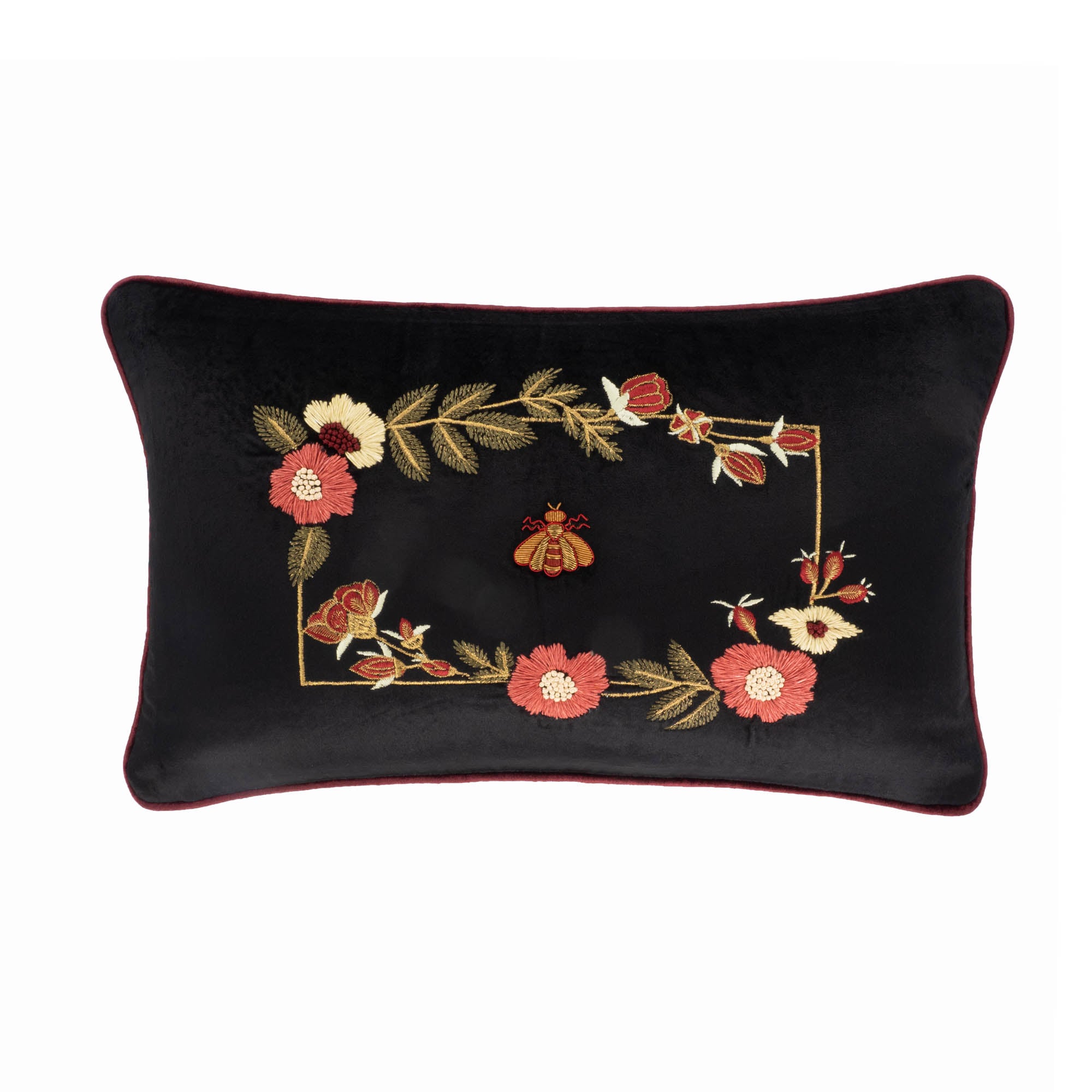 12" x 20" Love Bee Silk Velvet Throw Pillow, featuring ornate golden metal embroidery on black velvet, perfect for elegant home interiors.