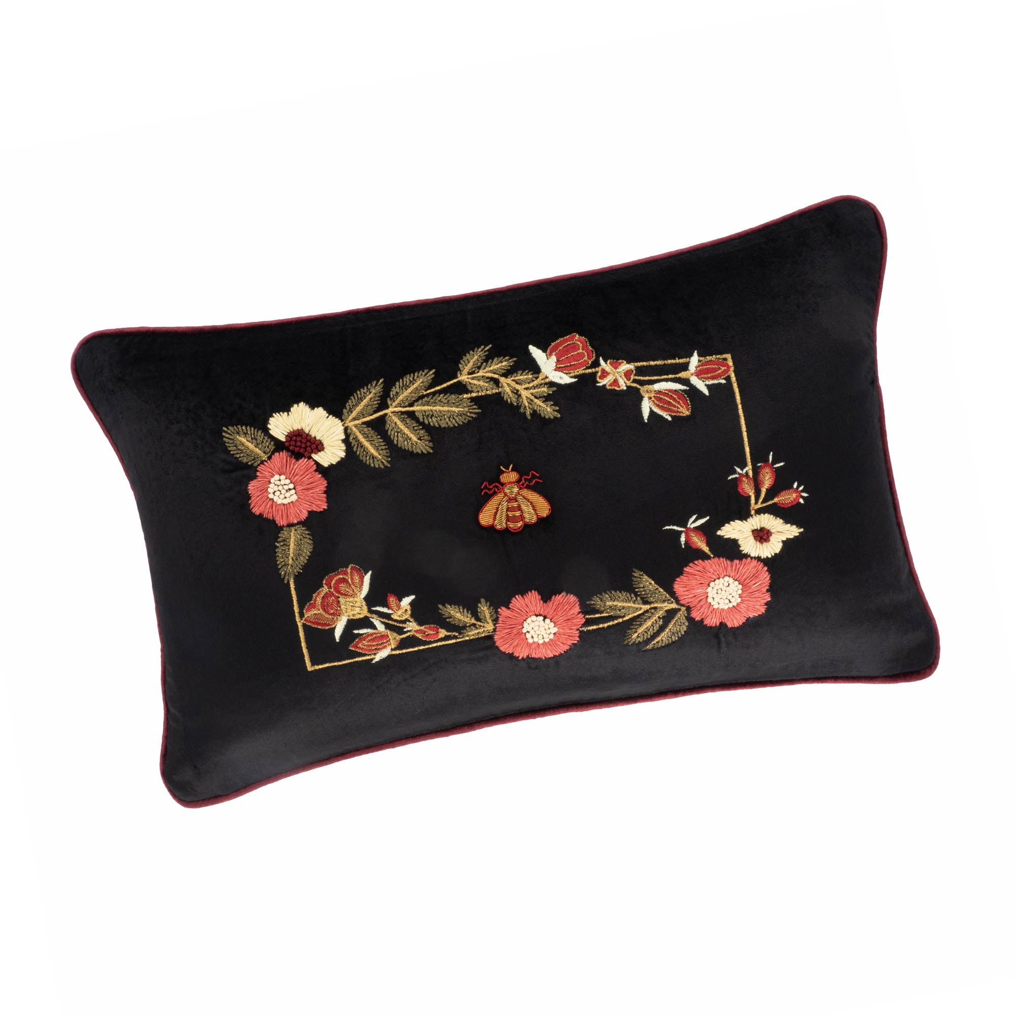 12" x 20" Love Bee Silk Velvet Throw Pillow, featuring ornate golden metal embroidery on black velvet, perfect for elegant home interiors.