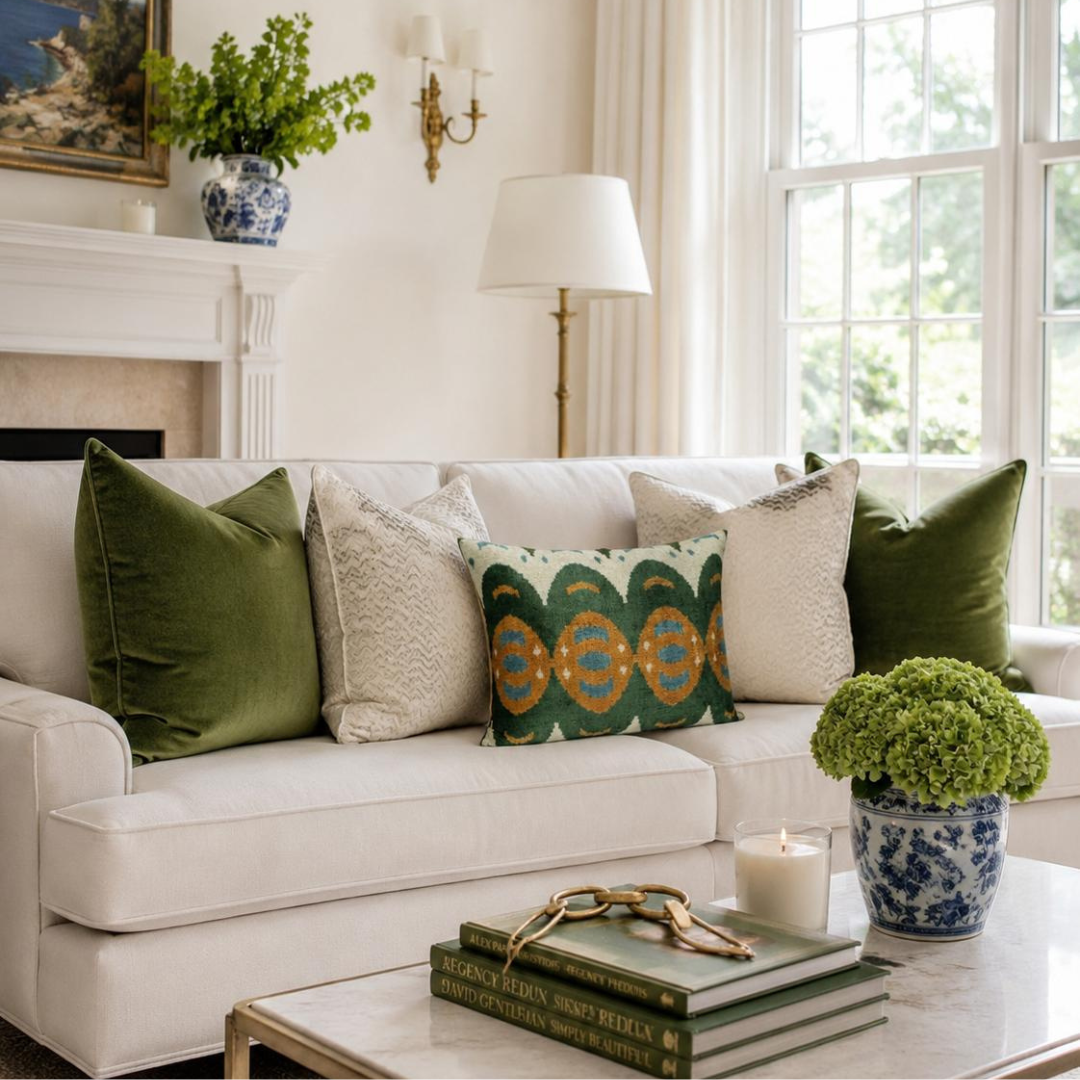 Mamba silk velvet ikat throw pillow cover styled in living room with a white sofa adorned with green and beige pillows, a coffee table with books and a candle, and decorative elements.