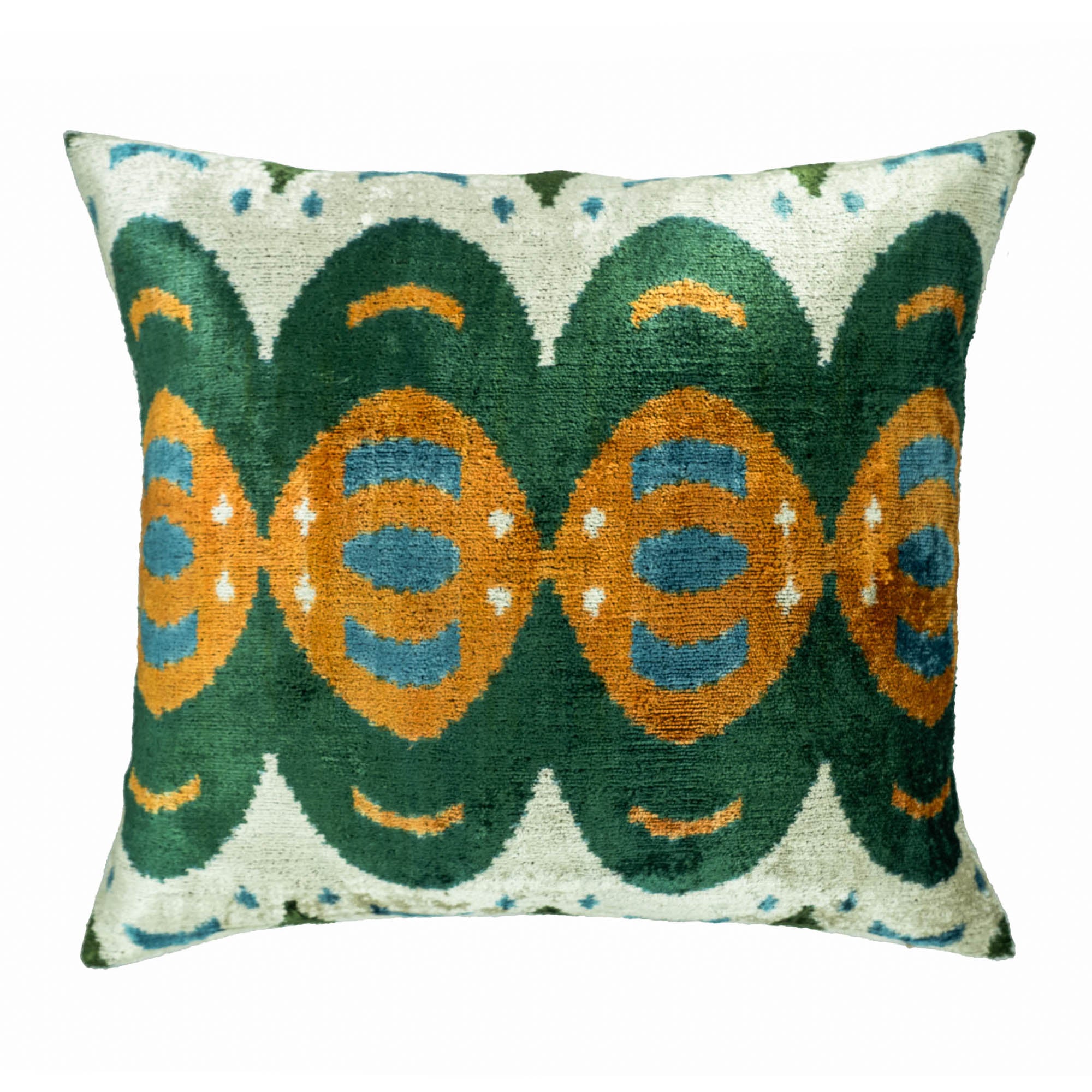 Mamba silk velvet ikat pillow cover with bold green, orange and blue geometric design on a cream background.