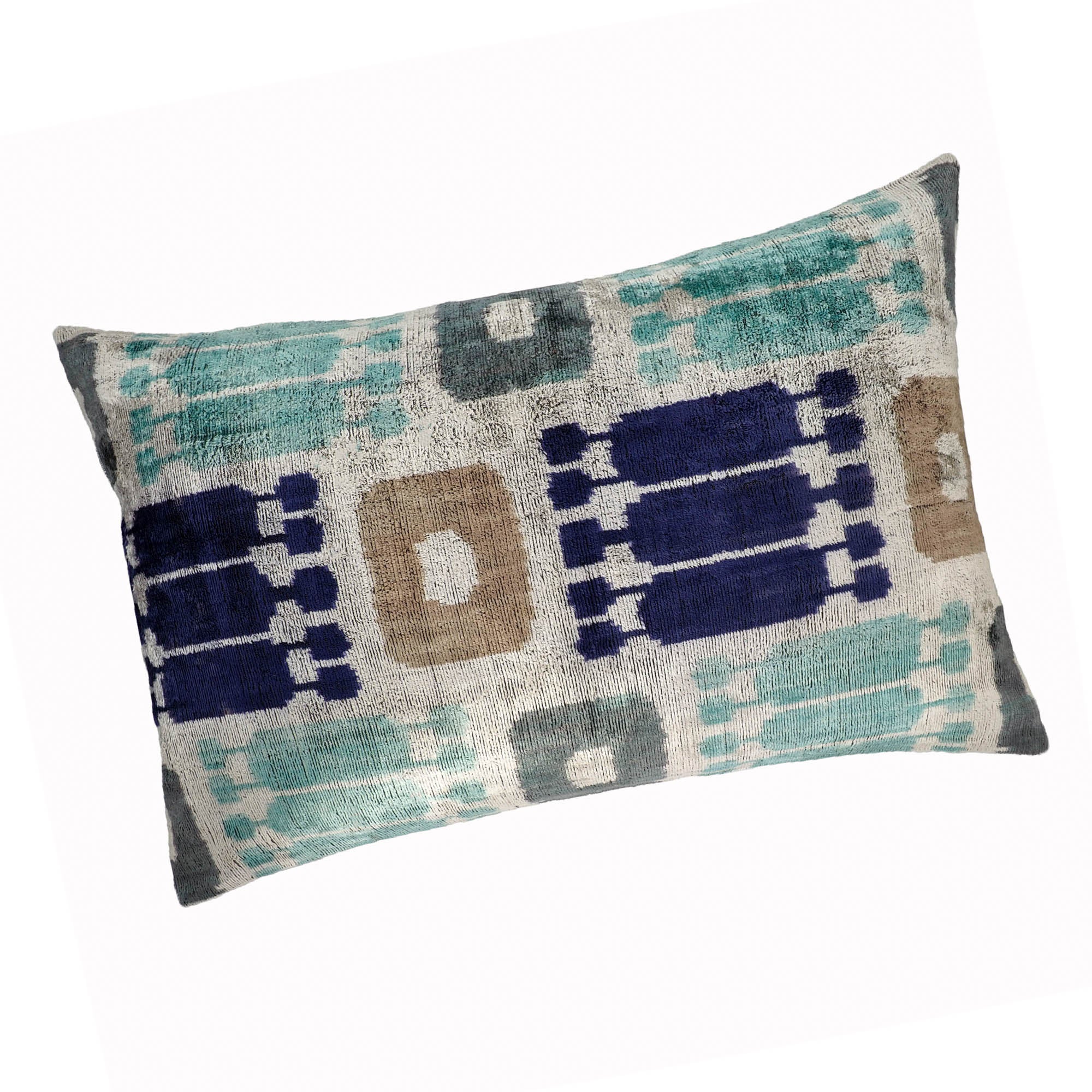 Manchester Silk Velvet Ikat Pillow Cover, 16 x 24, handmade with 100% pure silk, showcasing traditional Ikat weaving techniques and vibrant colors.