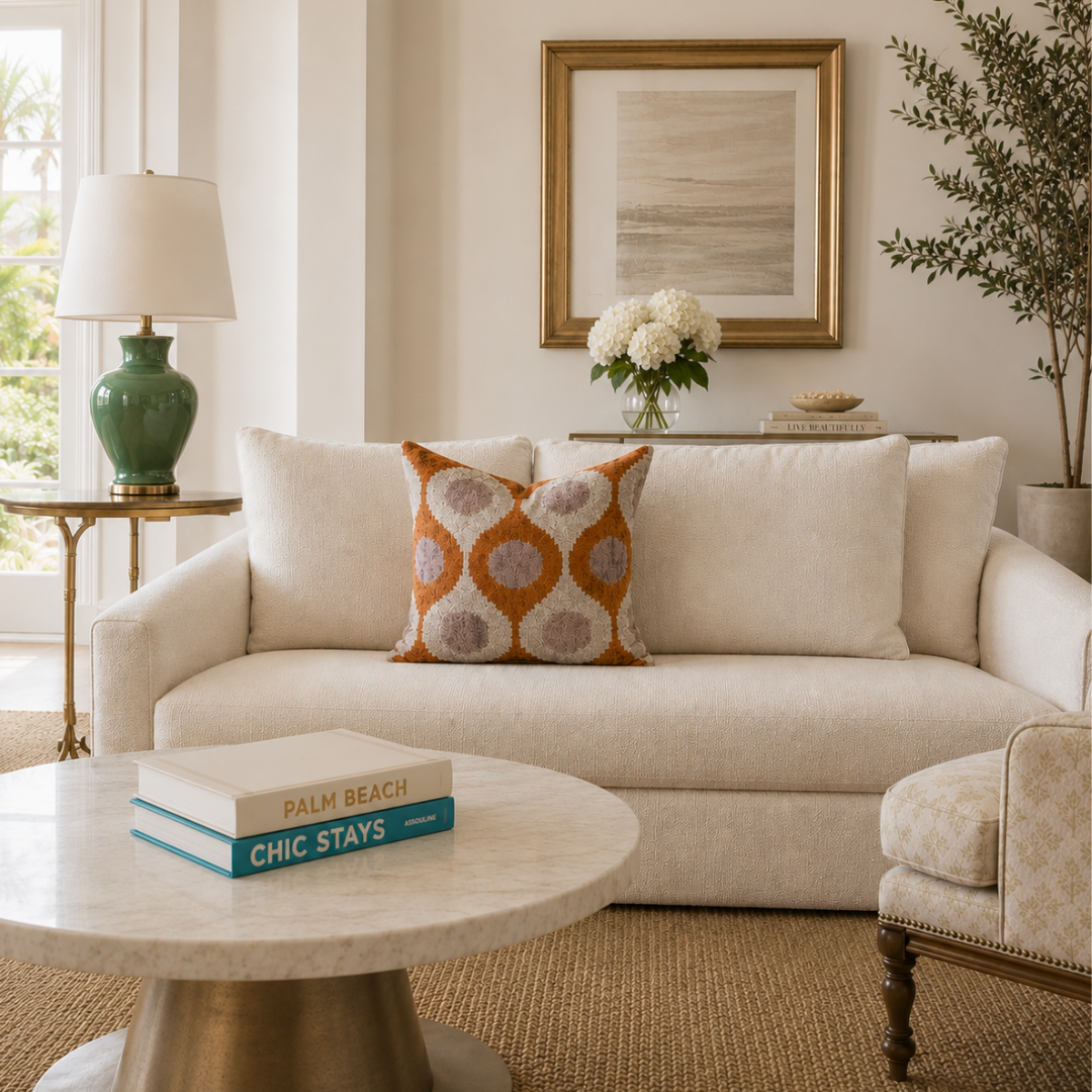 Handcrafted orange silk velvet ikat throw pillow styled on a cream sofa in a bright Palm Beach-inspired living room with timeless luxury decor.