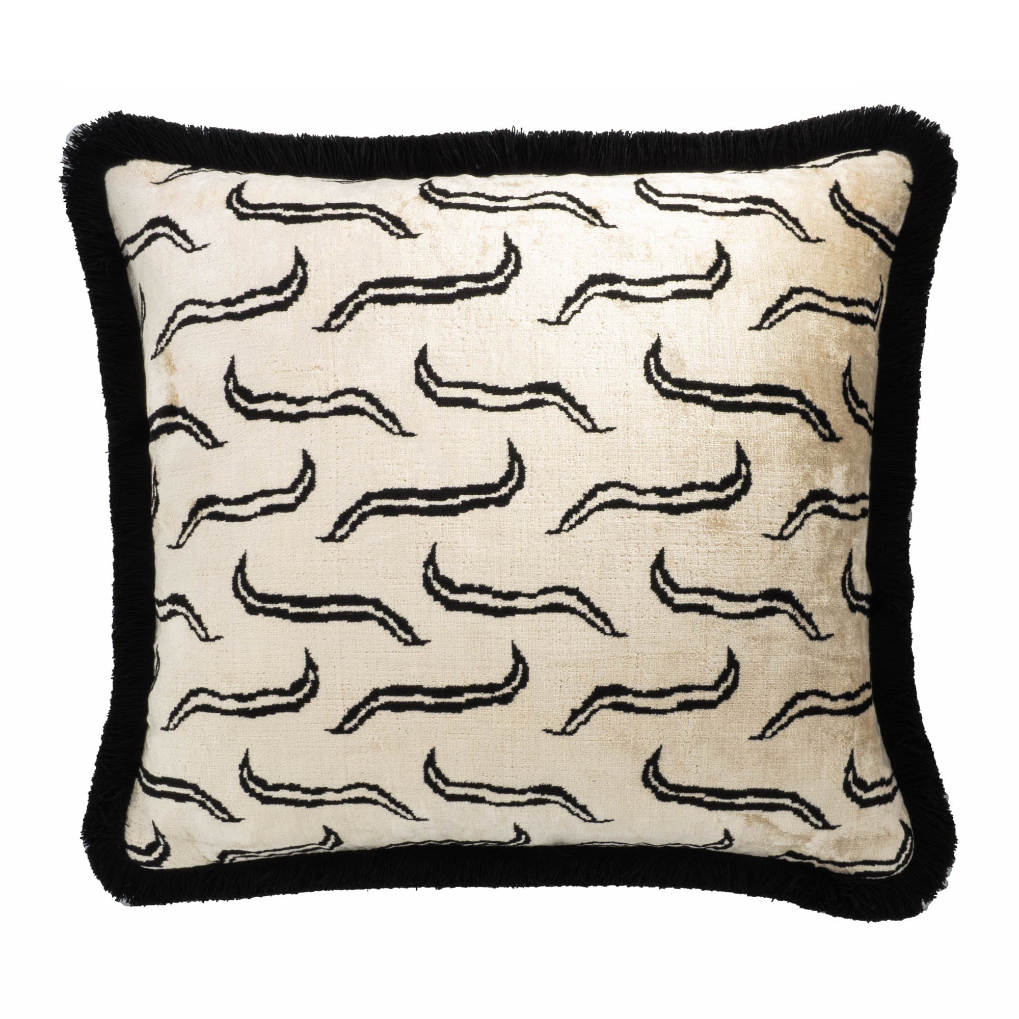 Luxurious black and white throw pillow cover crafted from silk velvet with fringes for a refined finish.
