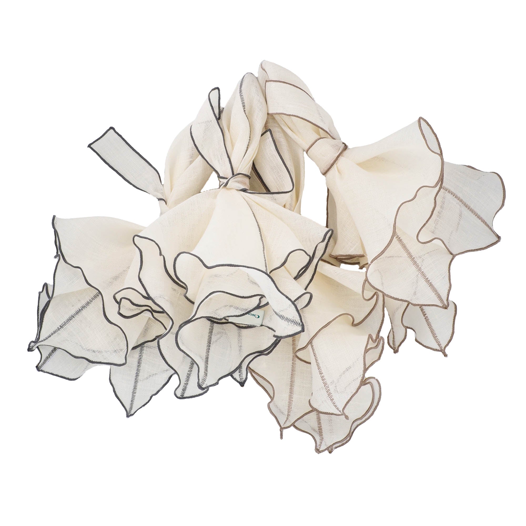 Durable Milano linen napkins with khaki ruffled edges, machine washable, perfect for elegant wedding receptions.