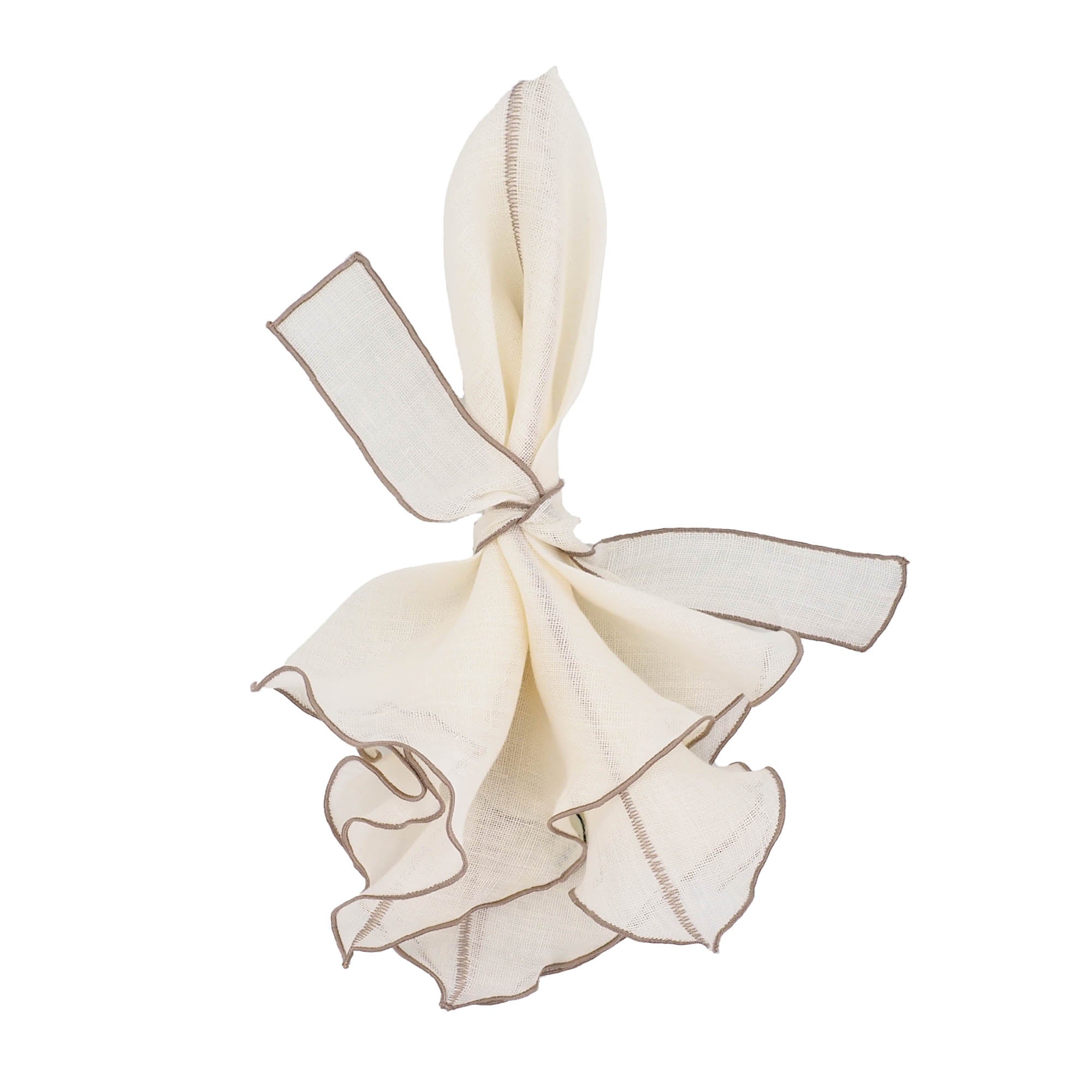 Premium Milano linen napkins featuring khaki ruffled edges, perfect for elegant and timeless dining experiences.