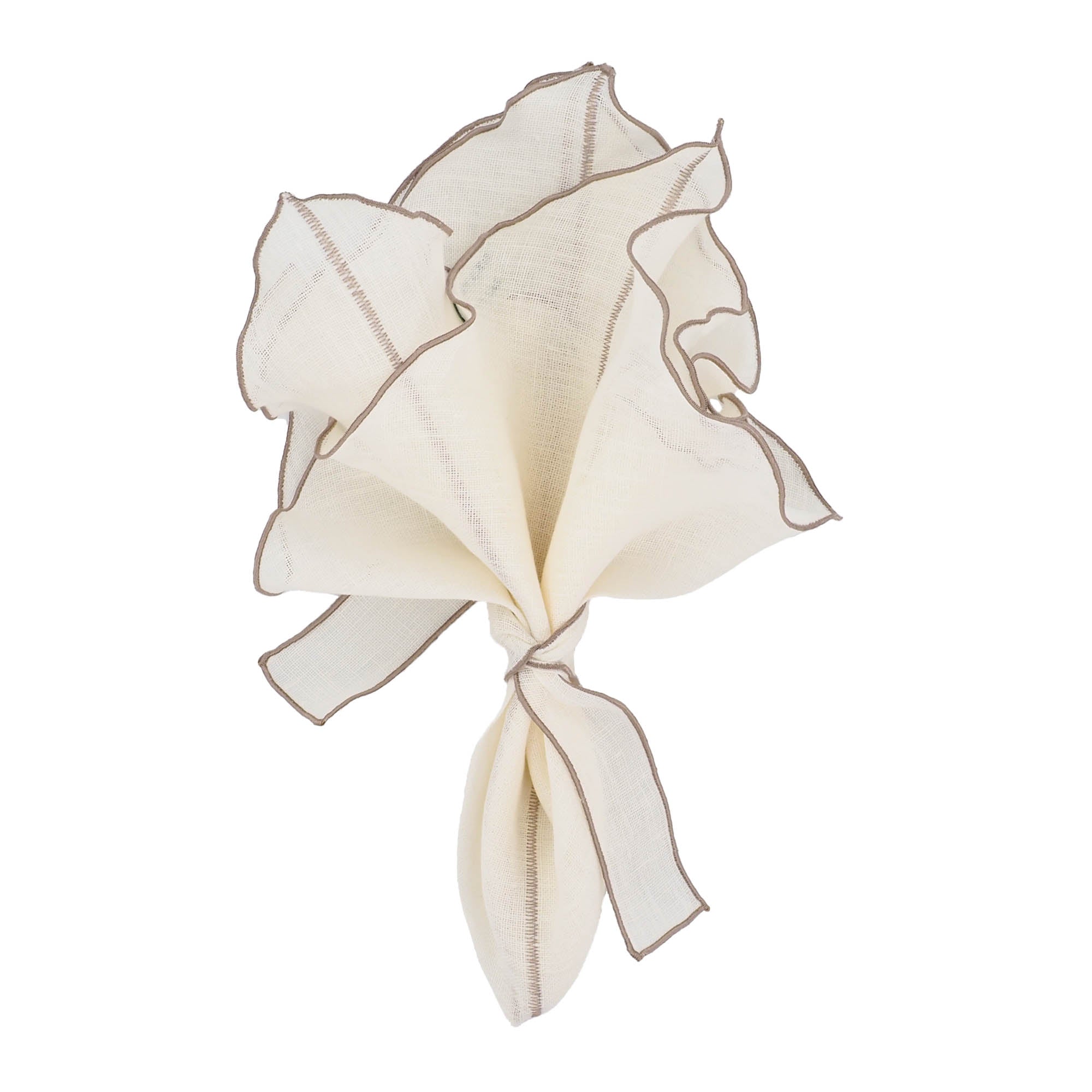 Set of 4 Milano linen napkins, 21x21 inches, with khaki ruffled edges, crafted for weddings and upscale parties.