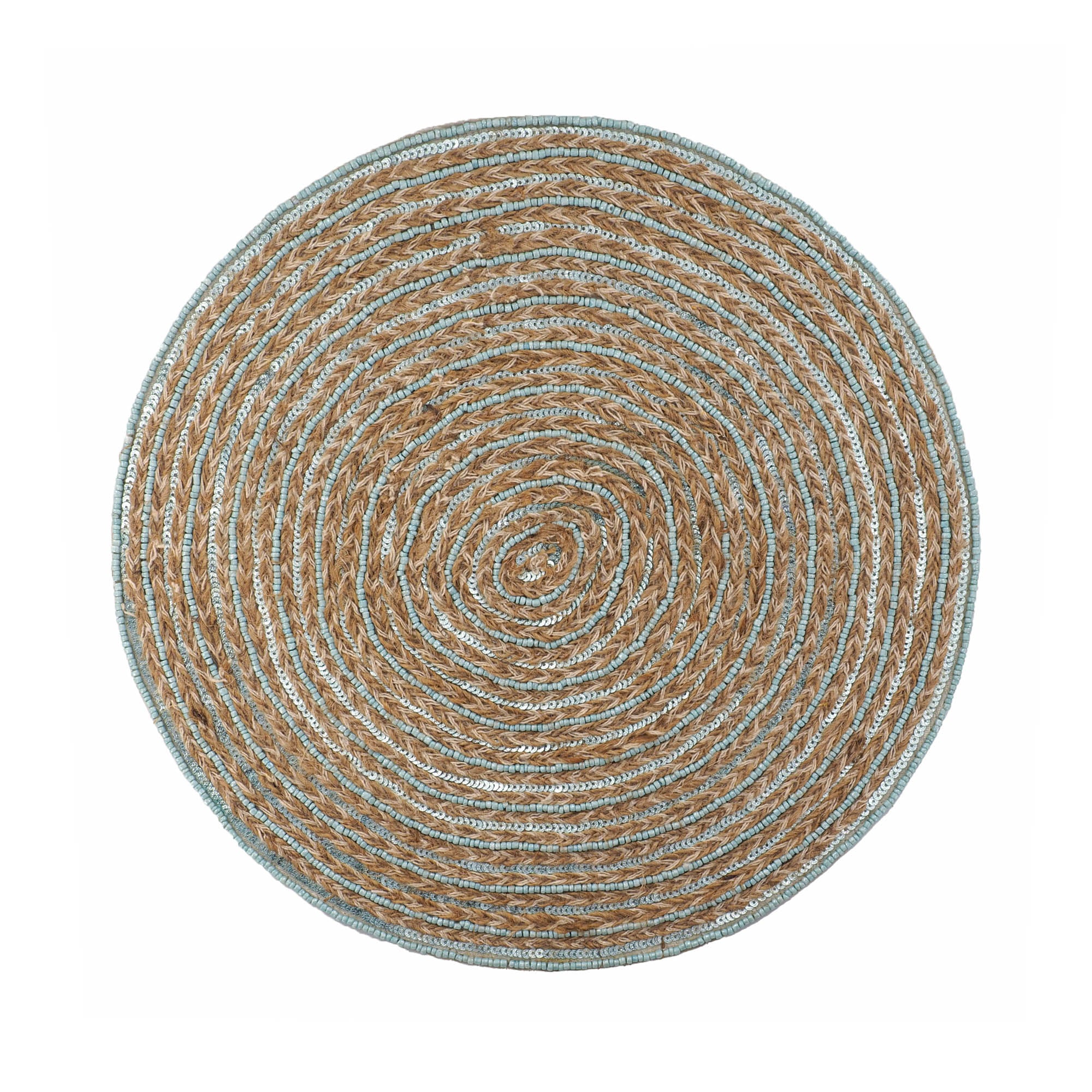 Chouchou Touch Minoan Braided Jute placemats, set of 2, with luxurious teal glass beads and natural jute, perfect for any occasion.