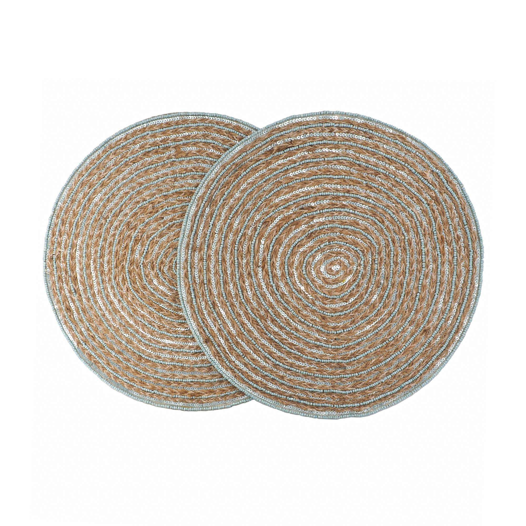 Minoan-inspired braided jute placemats, set of 2, featuring teal glass beads for added texture and shine, crafted with cotton backing.