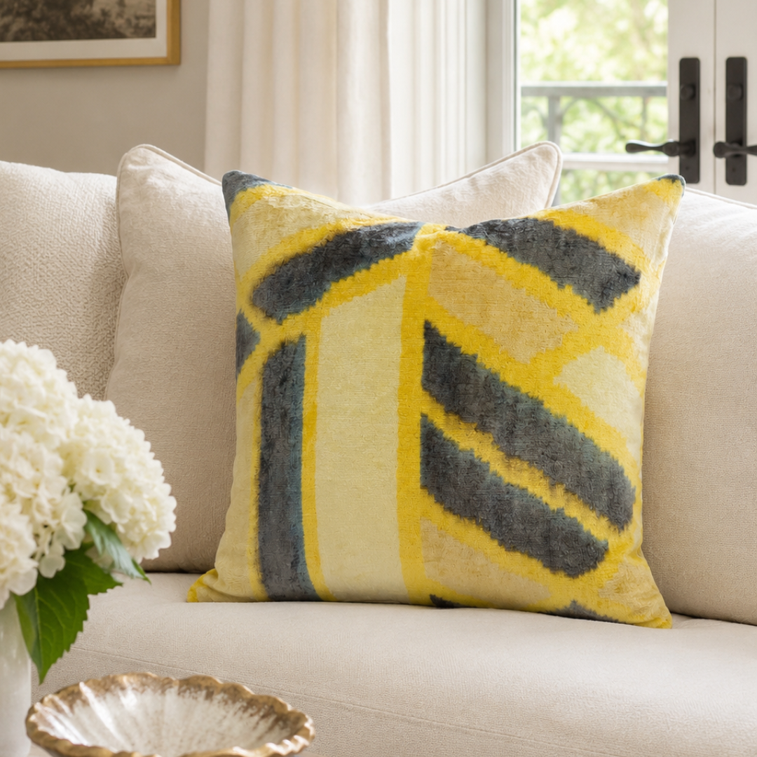 Handmade luxury Mohawk silk velvet ikat pillow cover featuring a bold yellow and charcoal geometric design displayed on a neutral living room sofa.