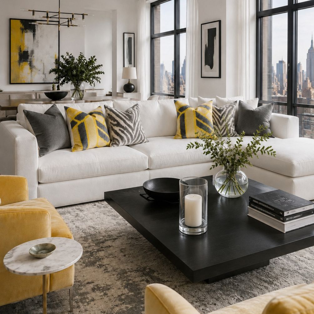 Mohawk silk velvet ikat throw pillow covers in yellow and charcoal tones styled on a modern white sectional sofa in a bright contemporary living room.