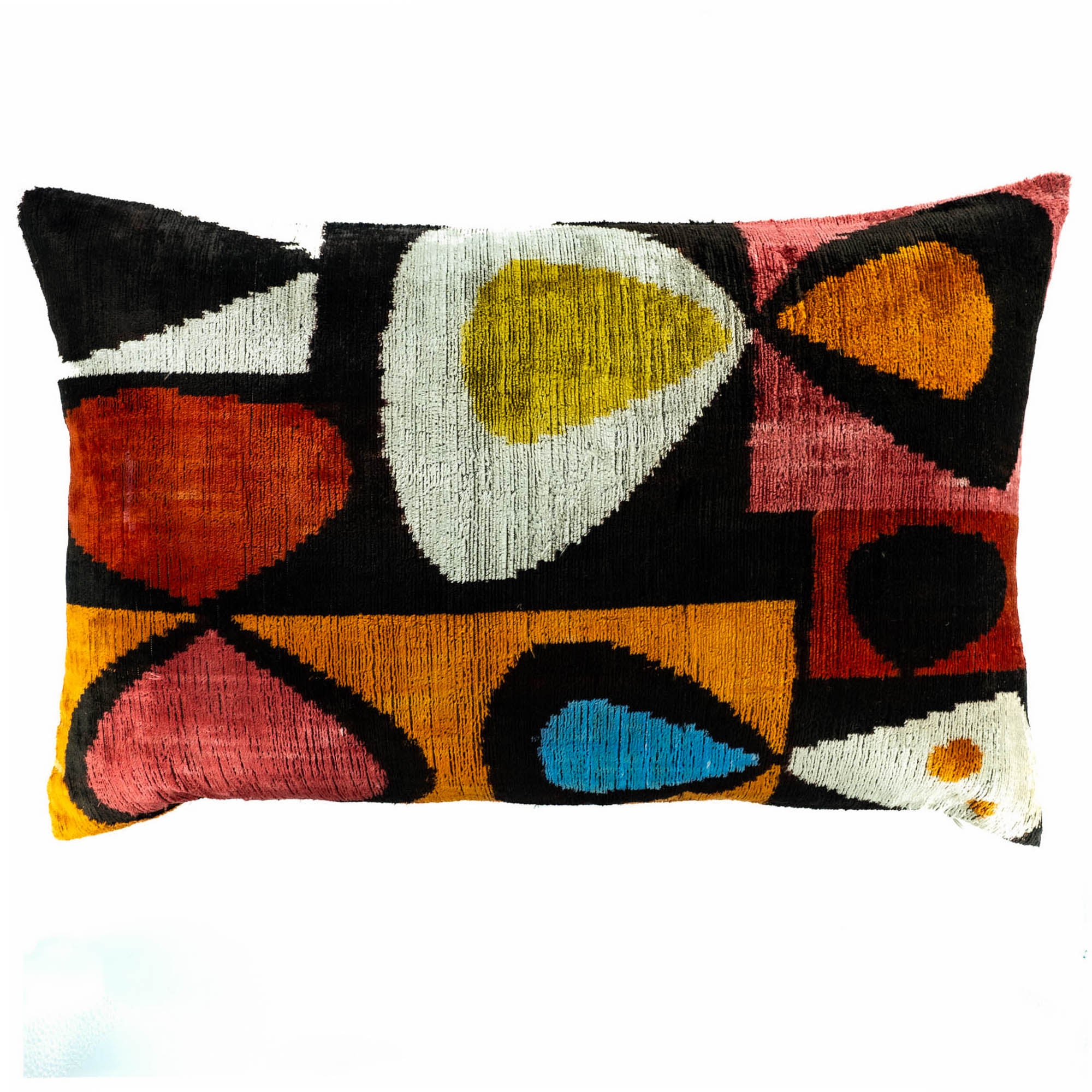 Luxurious Moonlight pillow by Chouchou Touch, featuring a dynamic mix of colors and geometric shapes on black silk velvet.
