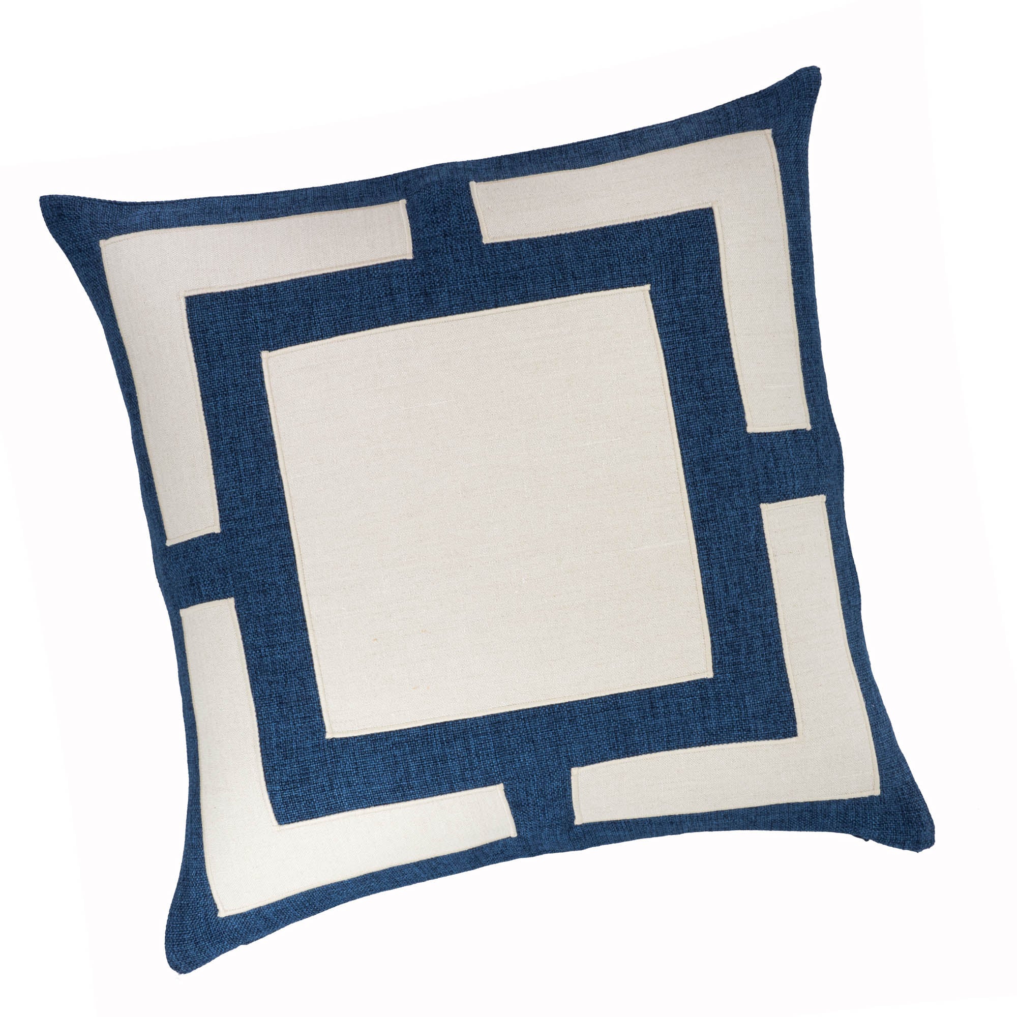 Handmade blue and white throw pillow cover with coastal-inspired design and secret zip closure.
