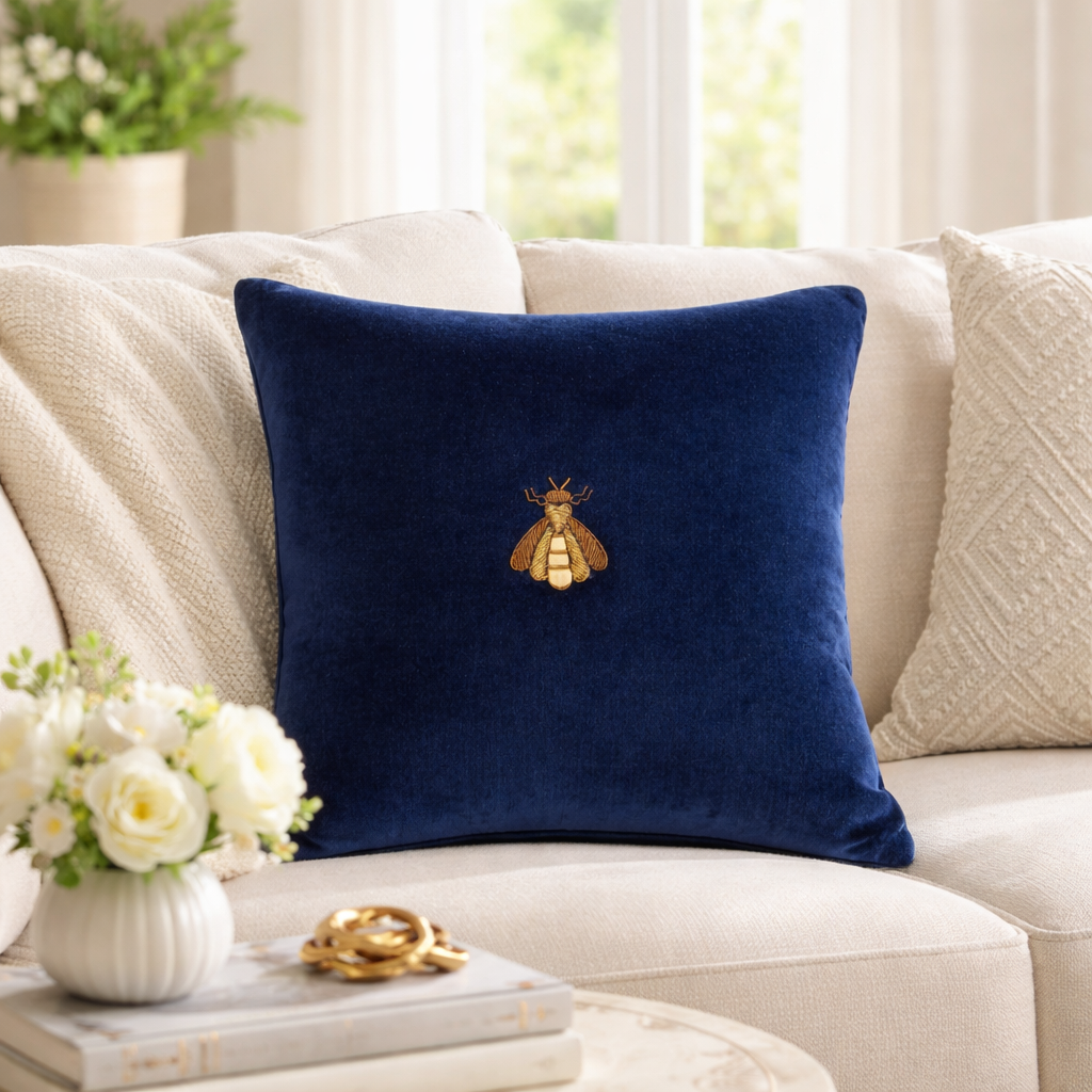 Navy blue velvet throw pillow with embroidered bee motif on a neutral sofa, luxury living room styling