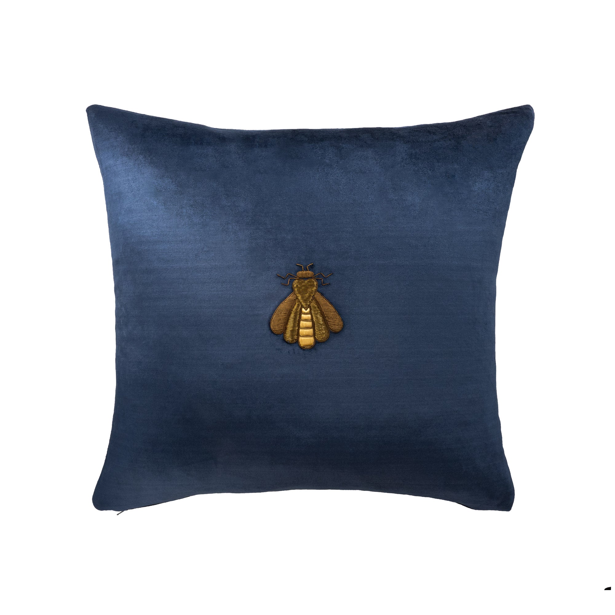 Handcrafted navy blue silk velvet throw pillow cover featuring golden bee embroidery with intricate floral metalwork by ChouChou Touch