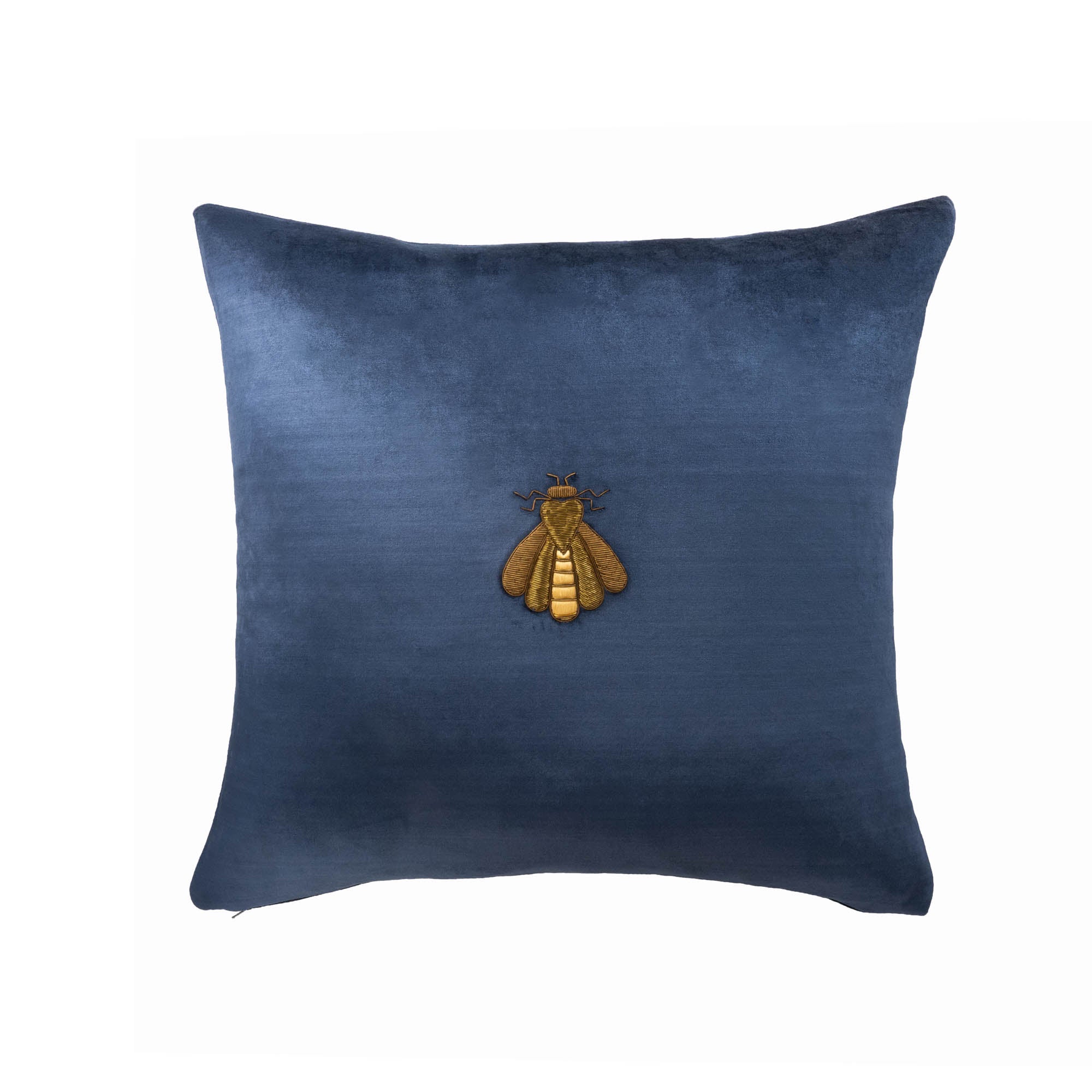 Add timeless charm to your home with this blue pillow with a bee emblem on a white background, he perfect blend of elegance 
