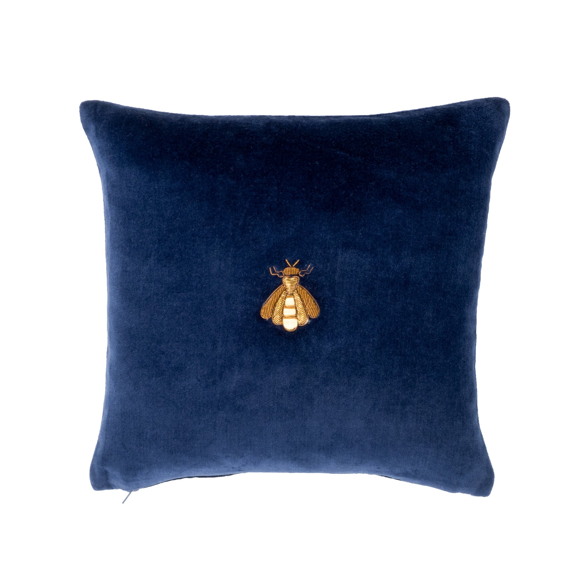 oyal blue silk velvet pillow cover 12x12 with gold embroidered bee motif centered on a clean white background, luxury decorative accent cushion
