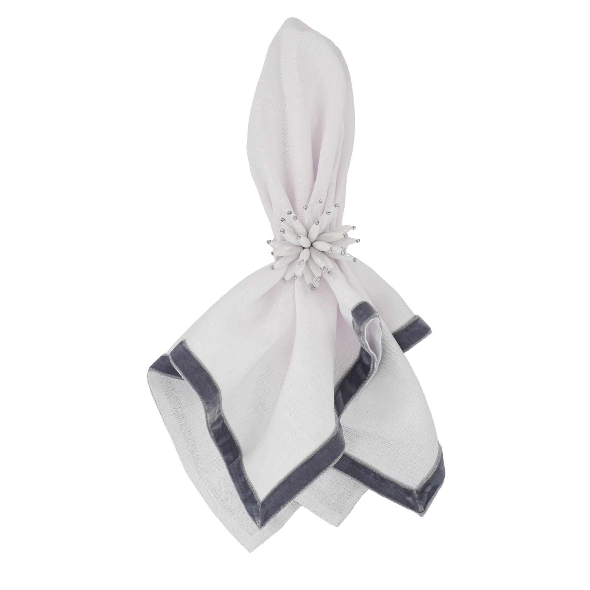 Silver velvet border New York linen napkins, designed to enhance both casual and formal table settings.