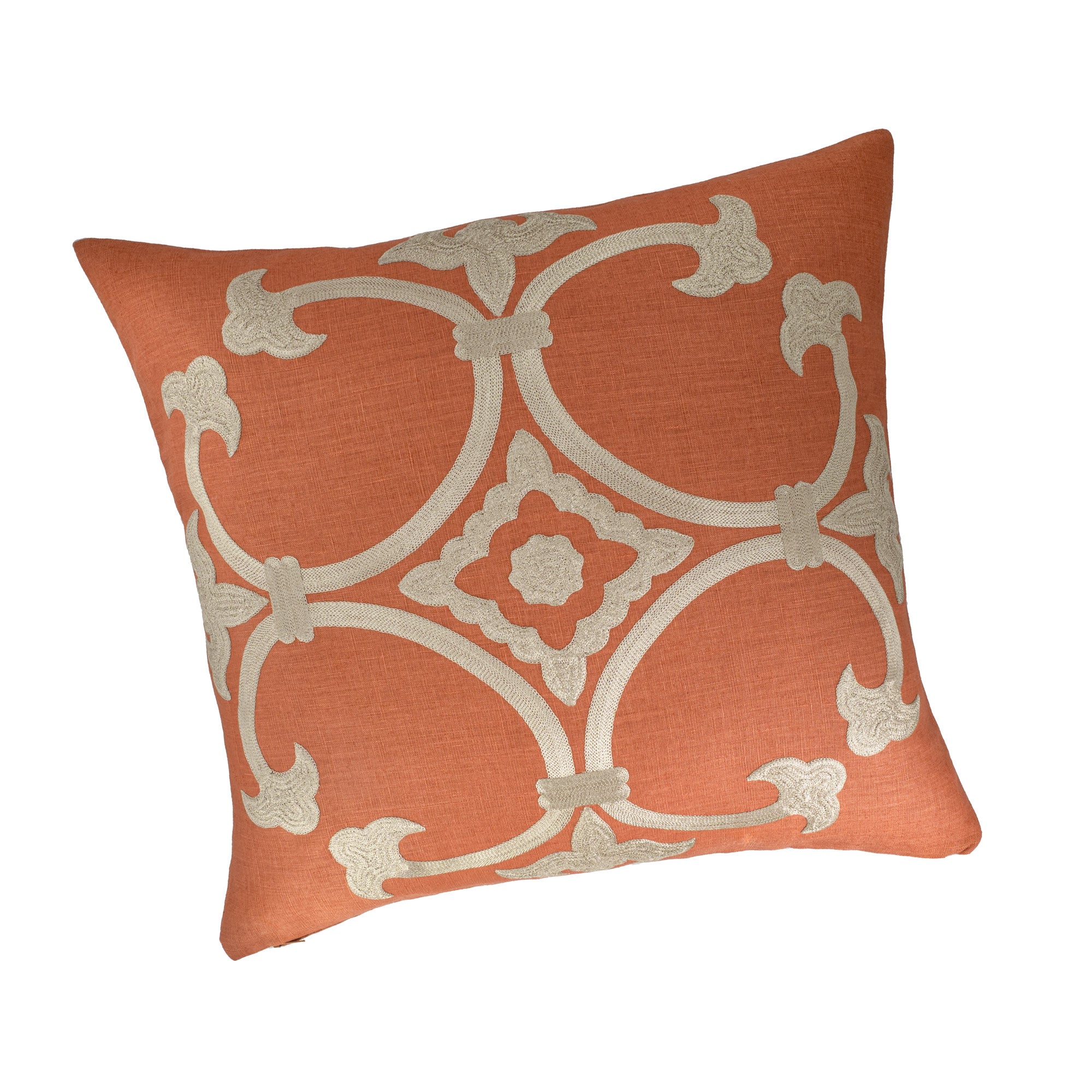 Decorative orange linen pillow with natural embroidery and geometric pattern from Palazzo Collection by ChouChou Touch on a white background