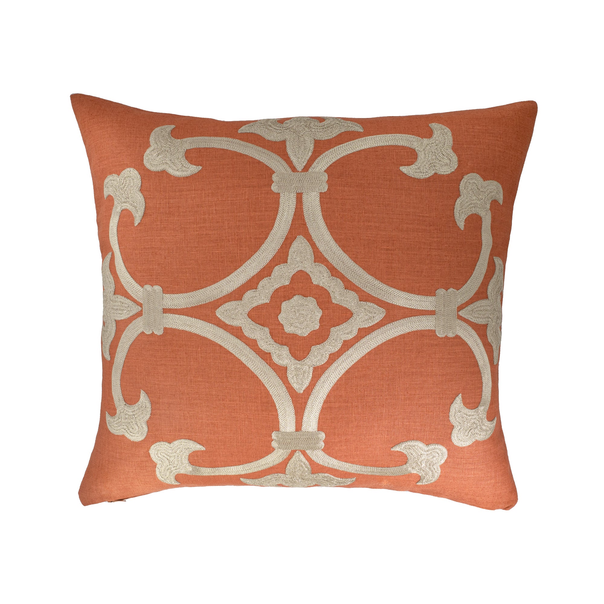 Front view of orange linen pillow with natural gold-inspired embroidery from the Palazzo Collection, on a white background