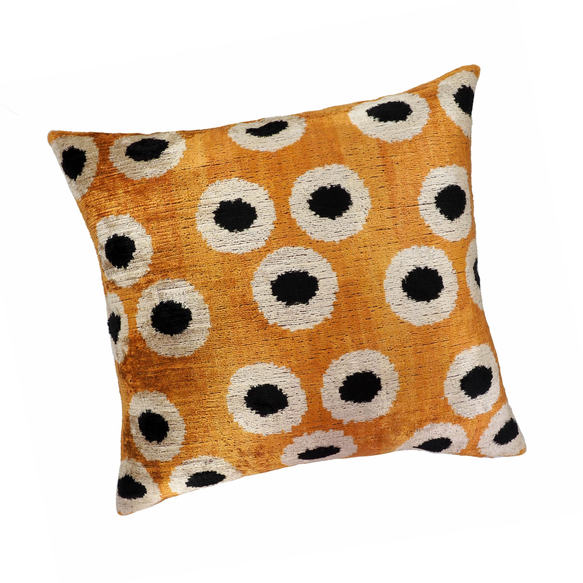 Orange Orbs Silk Velvet Ikat Throw Pillow Cover, 20 x 20, with bright orange circular Ikat motifs on smooth, high-quality silk velvet, perfect for modern interiors.