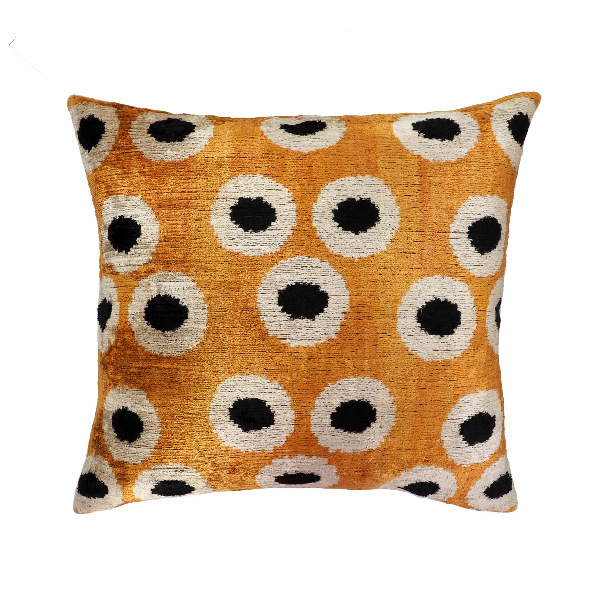 Handmade ChouChou Touch Orange Orbs Silk Velvet Ikat Pillow Cover, 20 x 20, featuring bold geometric orb patterns in black, ivory, and burnt orange, luxury decorative accent pillow.
