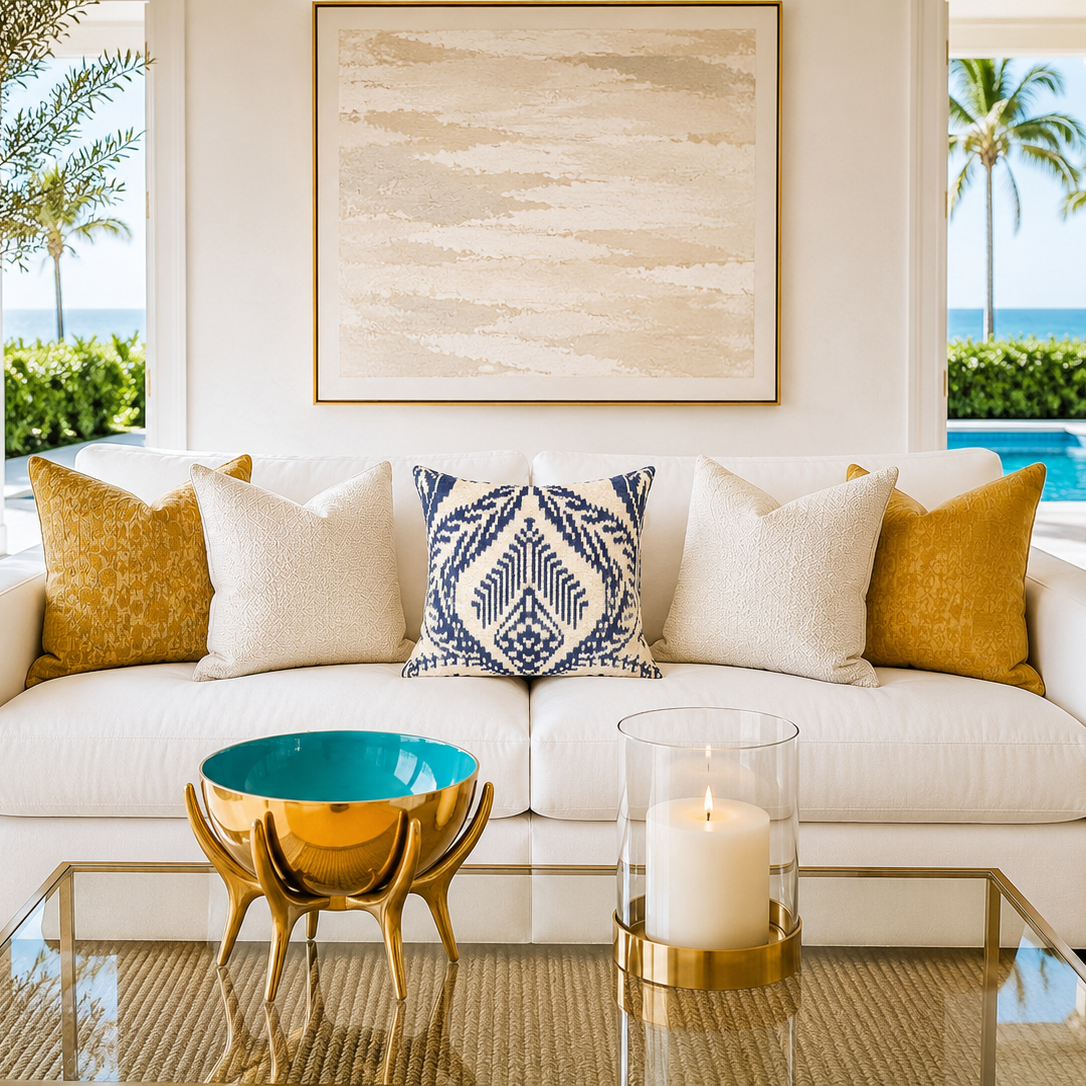 Palms Silk Velvet Ikat Throw Pillow Cover styled on a luxury white sofa in a bright Palm Beach inspired living room with elegant coastal decor, timeless design, and natural light.