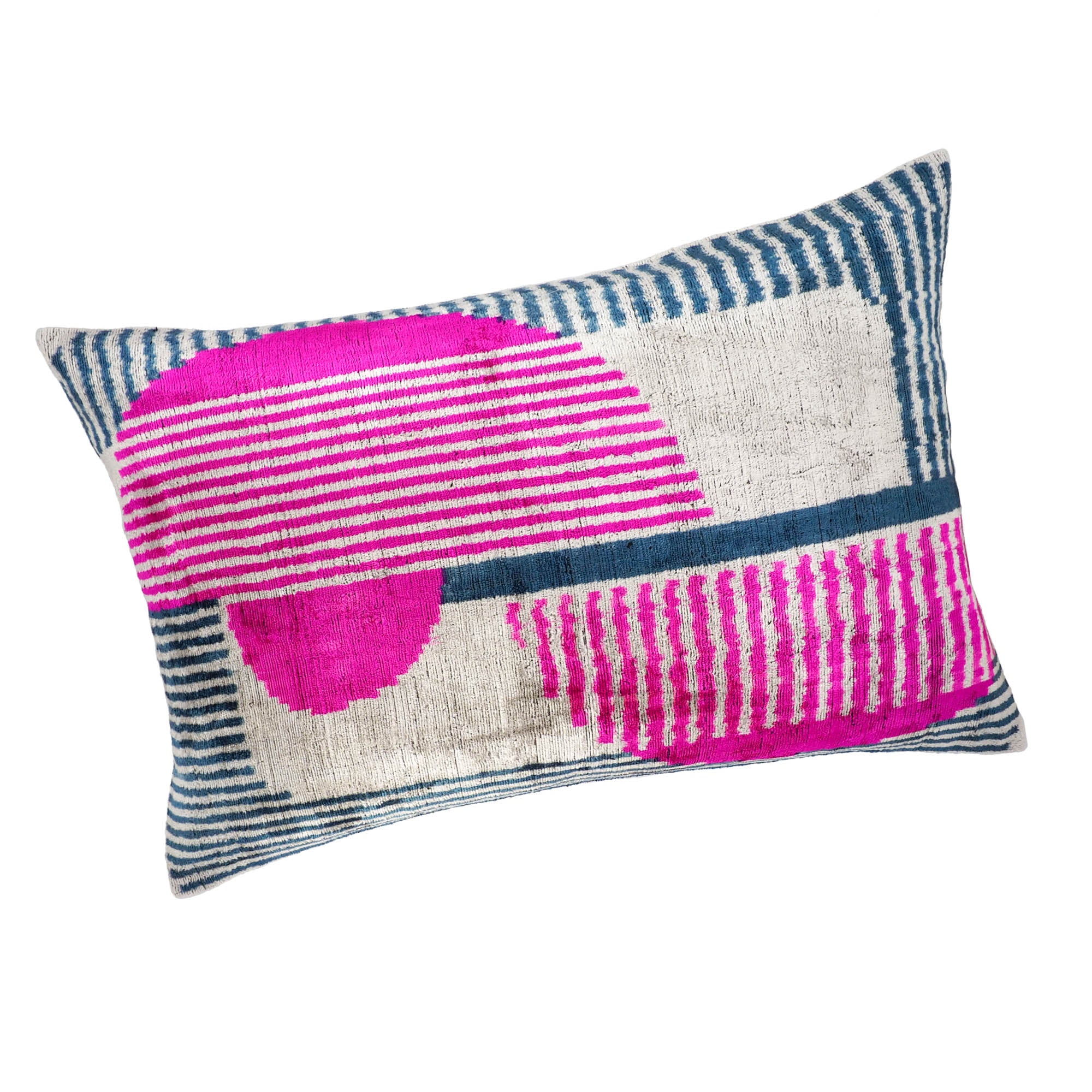 Handmade Parisienne 2 Silk Velvet Ikat Pillow Cover, 16 x 24, featuring bold, vibrant Ikat patterns on high-quality silk velvet fabric for a rich texture.