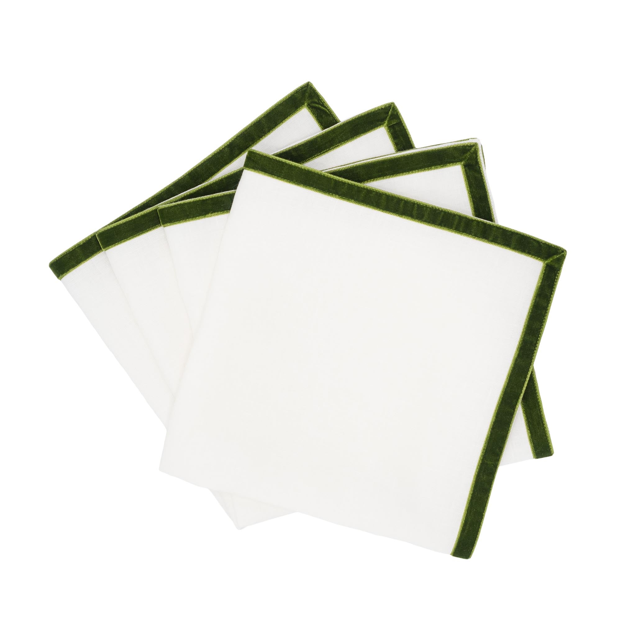 Set of 4 pine linen napkins with green velvet borders, handmade for a natural and elegant table setting.