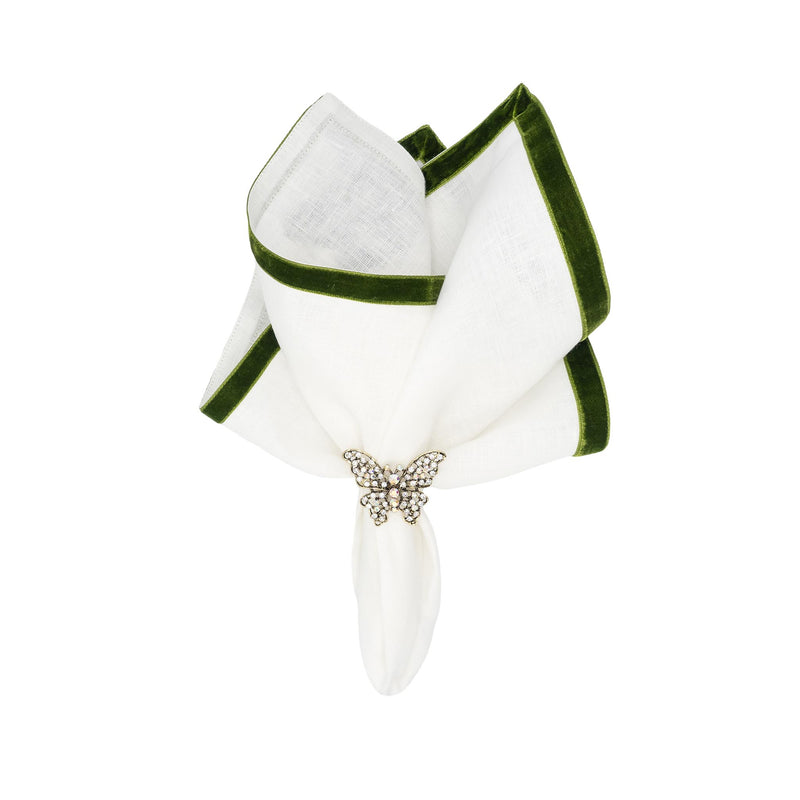 Chouchou Touch white linen dinner wedding event formal napkin with green velvet borders