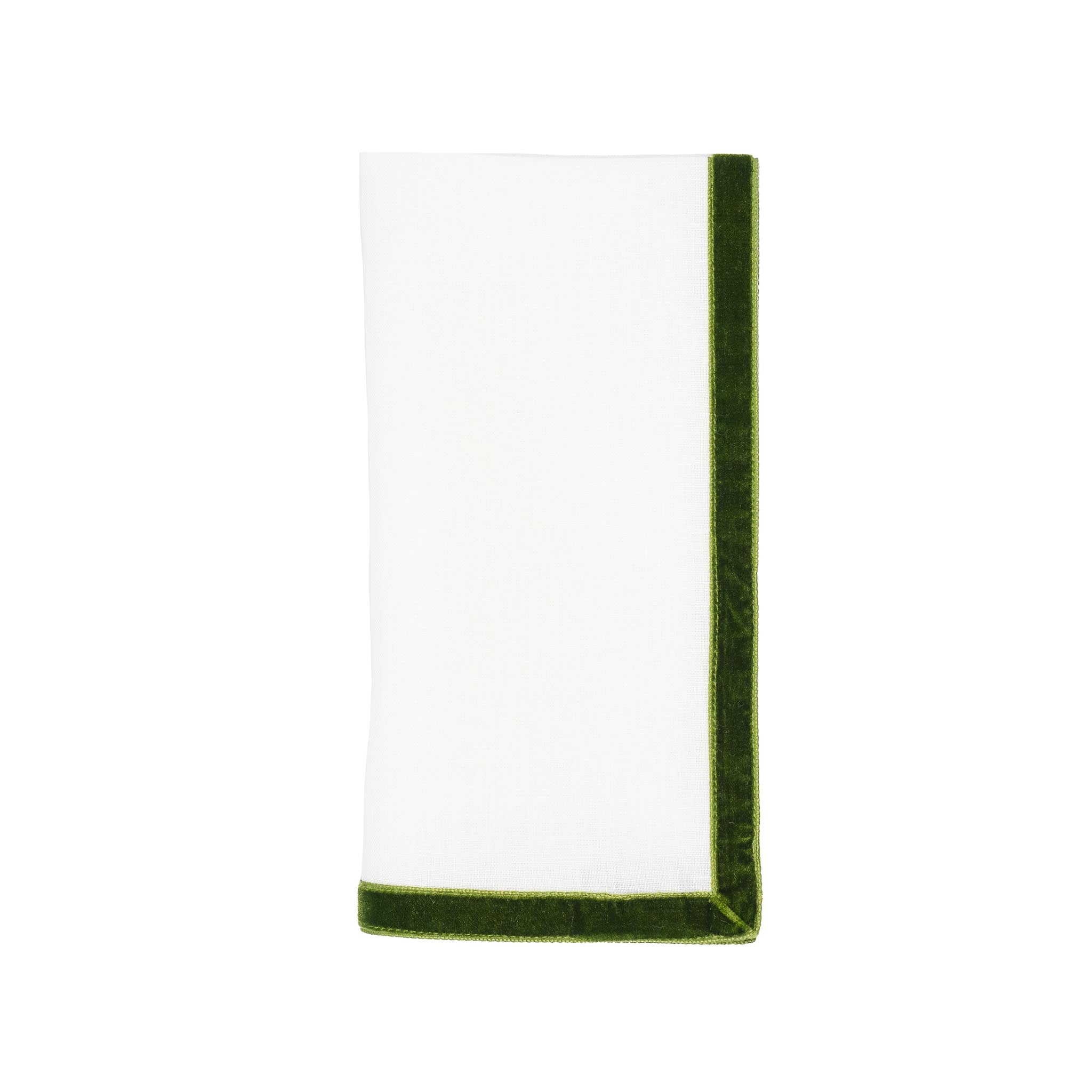 Luxurious pine linen napkins with green velvet trim, designed for sophisticated and stylish table decor.