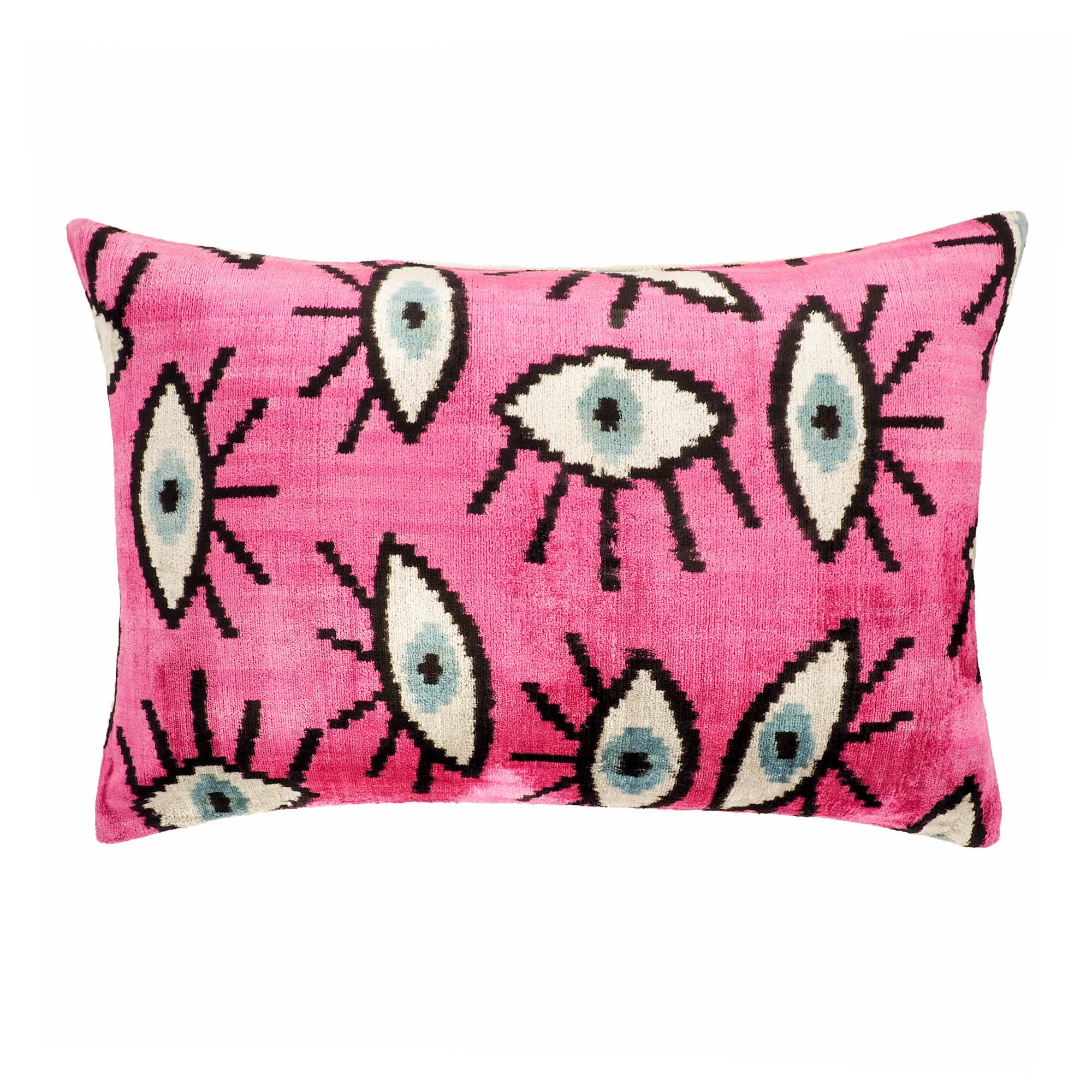 Chouchou Touch Pink Eyes Silk Velvet Ikat Pillow Cover, 16 x 24, featuring soft pink hues in intricate Ikat design, crafted with premium silk velvet for a luxurious home accent.