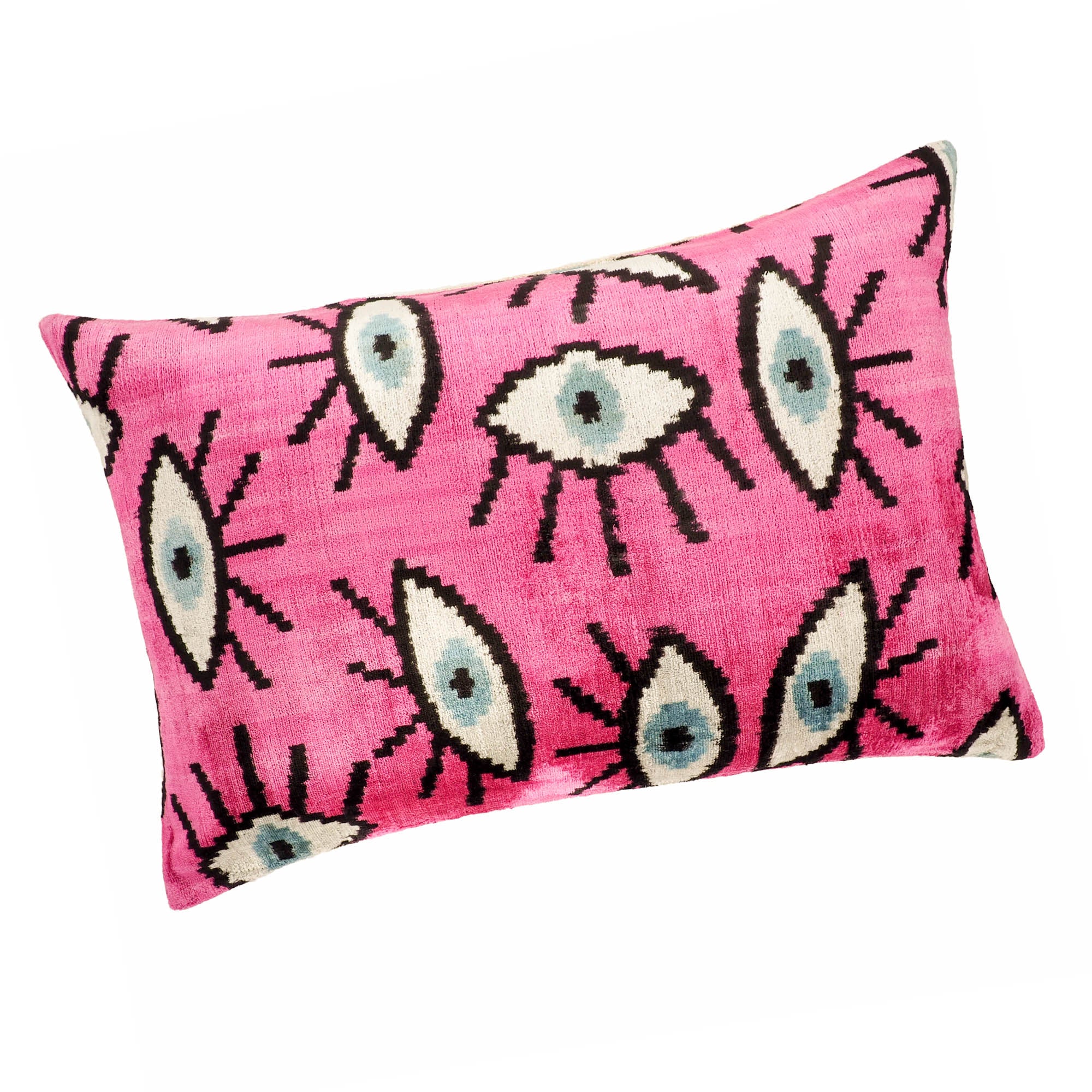 Pink Eyes Silk Velvet Ikat Throw Pillow Cover, 16 x 24, made from pure silk velvet with elegant pink Ikat patterns, designed to add vibrant color and texture to any living space.