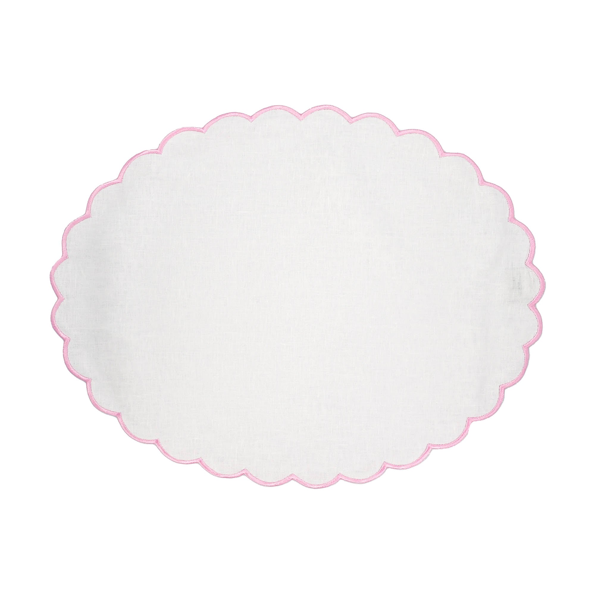 Chouchou Touch pink linen scalloped placemats, set of 4, with pink stitch edges, handcrafted for elegant table settings.