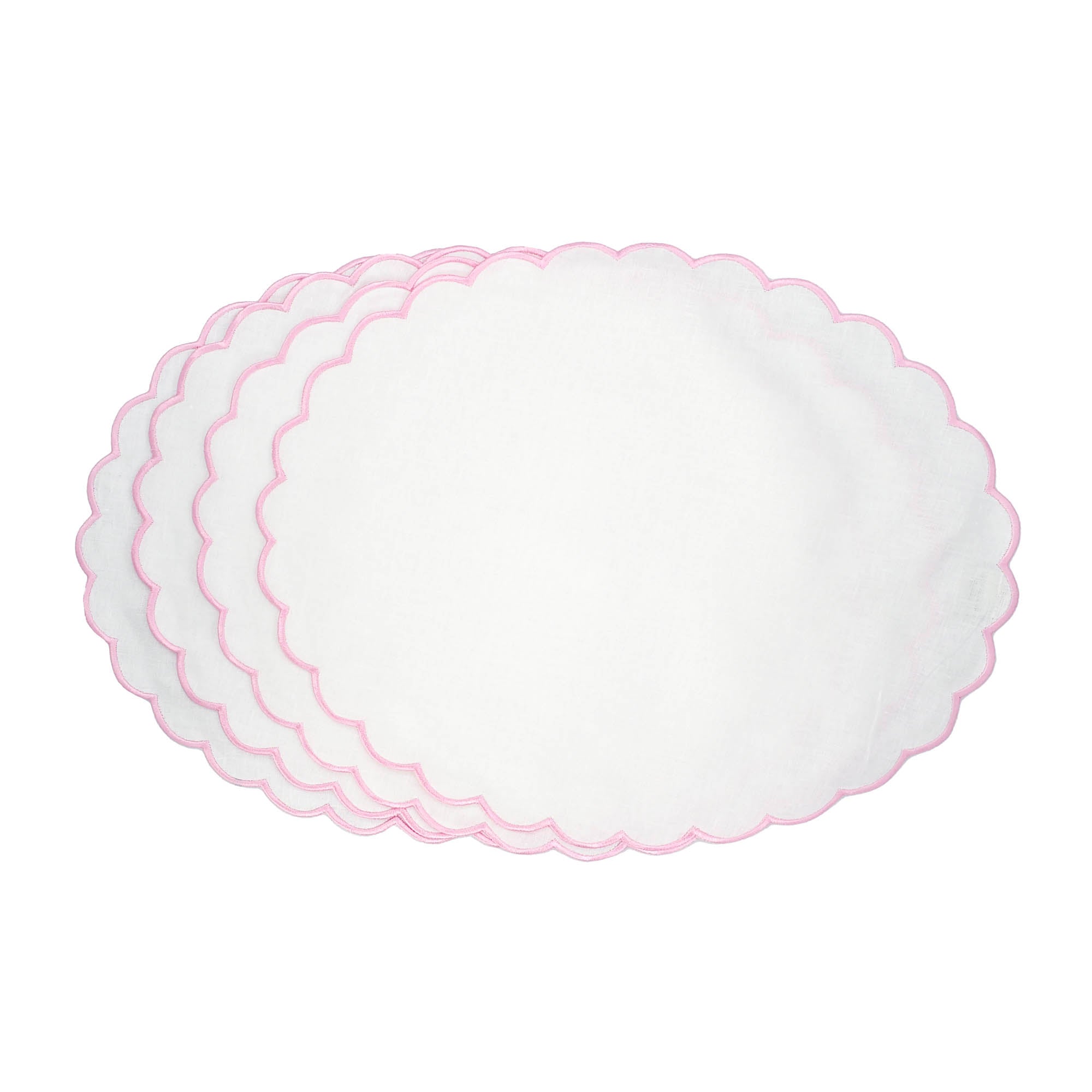 Elegant pink linen scalloped placemats, set of 4, handmade with precision, ideal for both formal and casual dining.