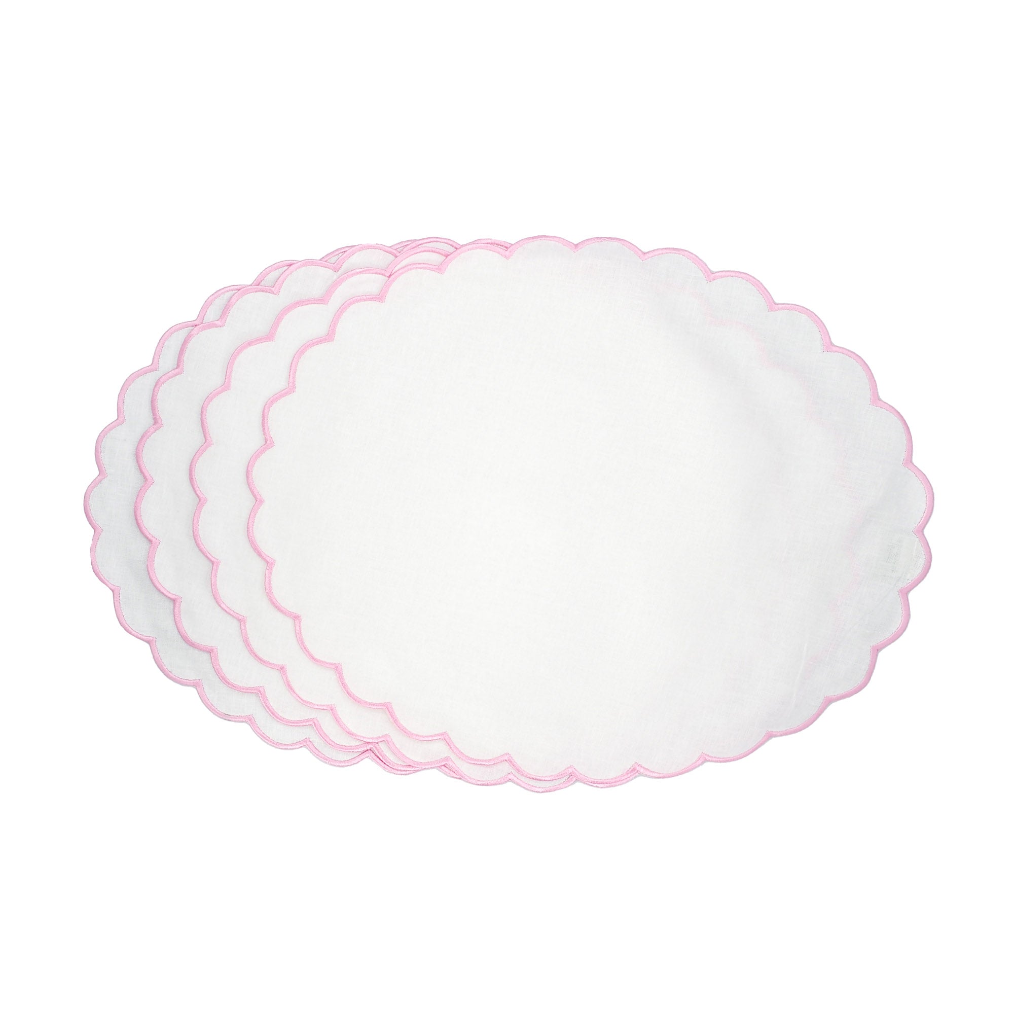 Elegant set of four pink linen scalloped placemats, set of 4, handmade with precision, ideal for both formal and casual dining.