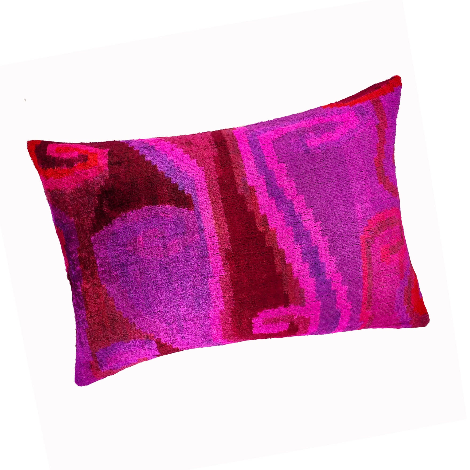 Platon Silk Velvet Ikat Throw Pillow Cover, 16 x 24, featuring vibrant colors and handwoven Ikat patterns on luxurious silk velvet fabric, ideal for a refined home accent.