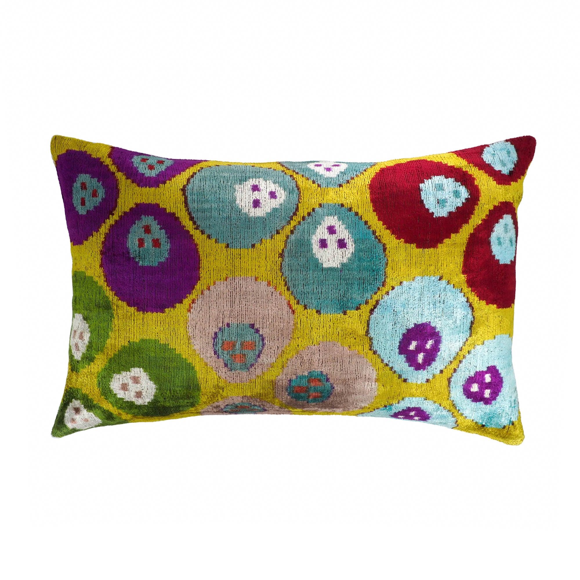 Handmade Pomegranate silk velvet ikat throw pillow cover featuring colorful pomegranate pattern on a yellow background, 16x24 inch.