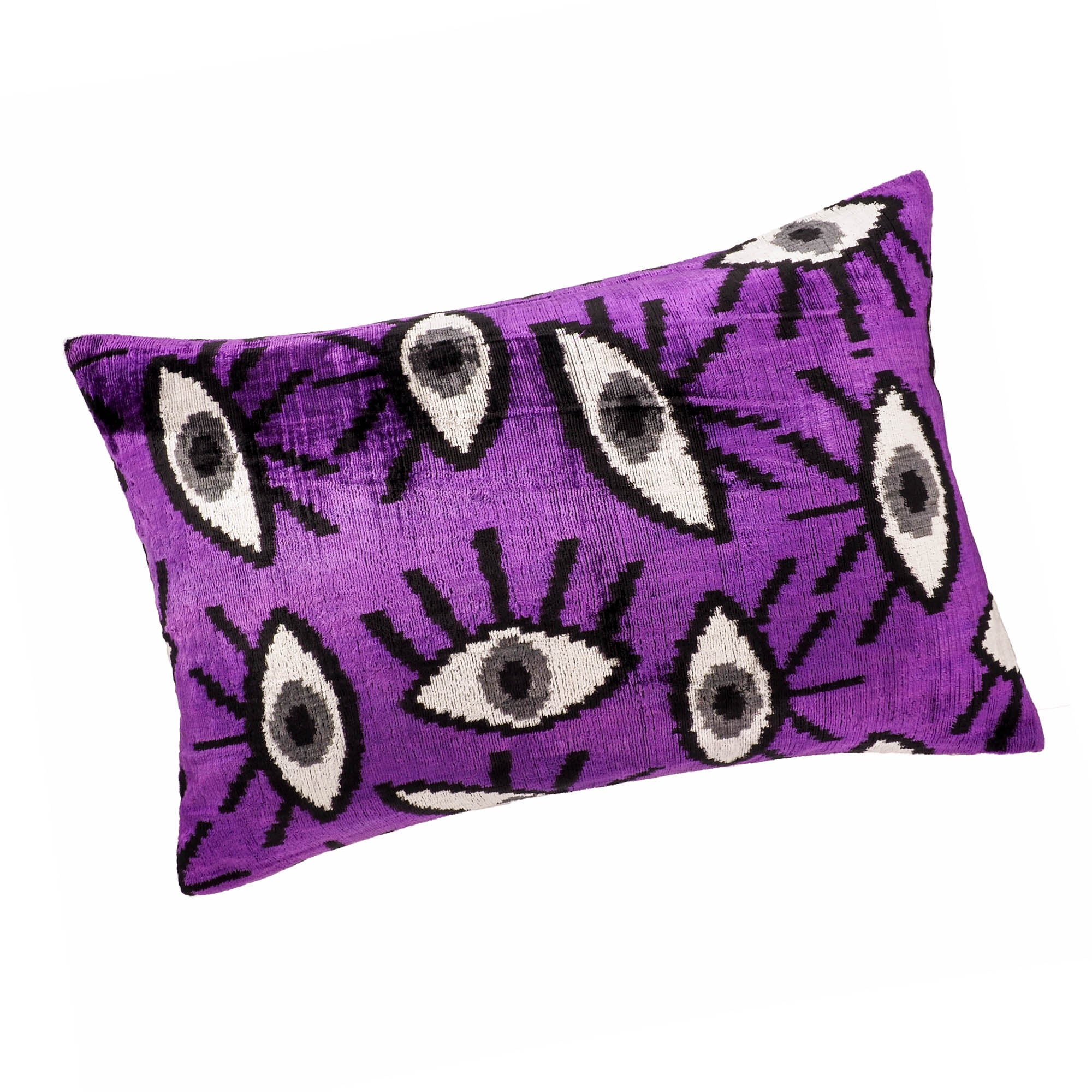 Purple Eyes Silk Velvet Ikat Throw Pillow Cover, 16 x 24, featuring soft purple Ikat designs woven into rich silk velvet for a plush and luxurious touch.