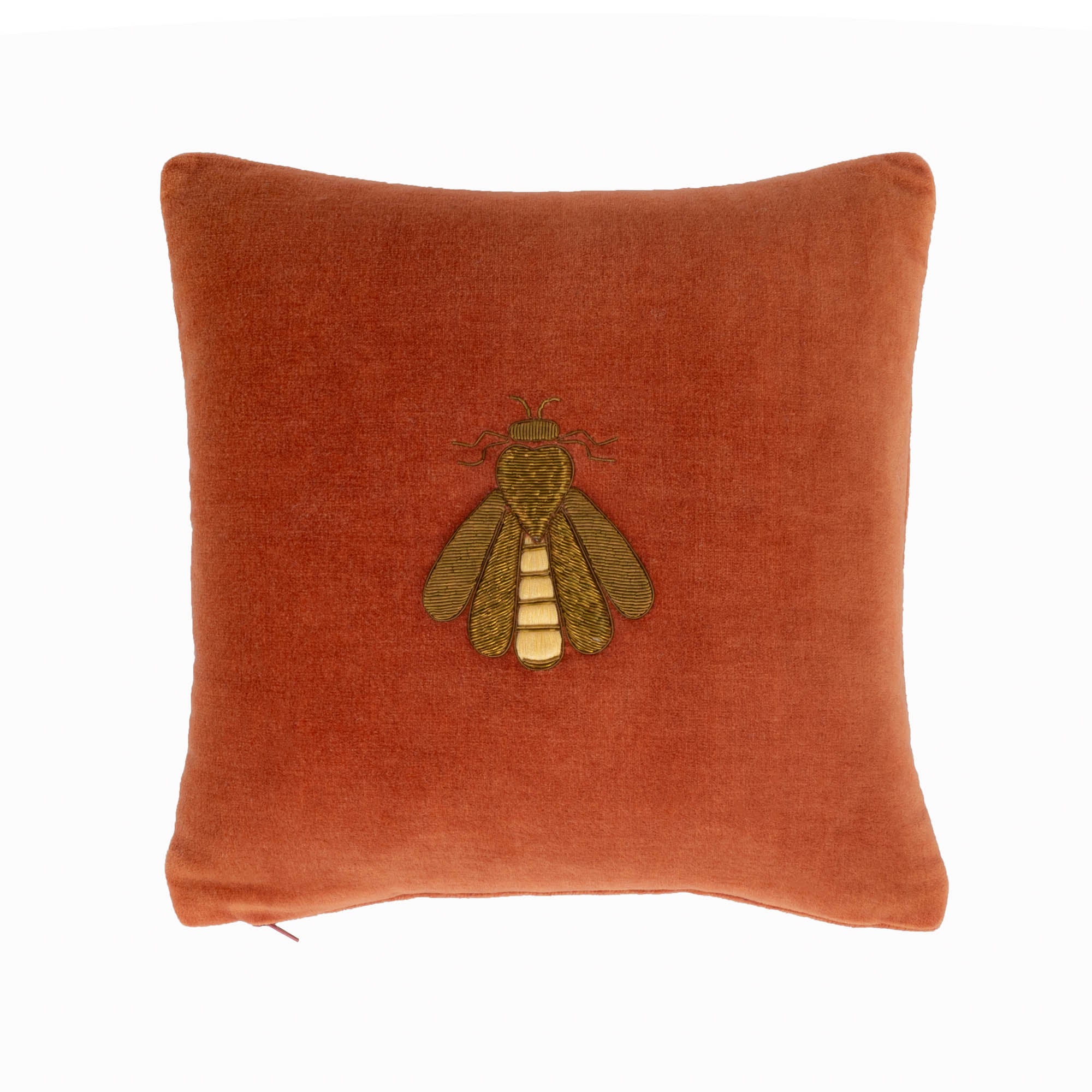 Red Bee Silk Velvet Throw Pillow Cover, 12" x 12", featuring golden bee embroidery, combining timeless craftsmanship and modern luxury.