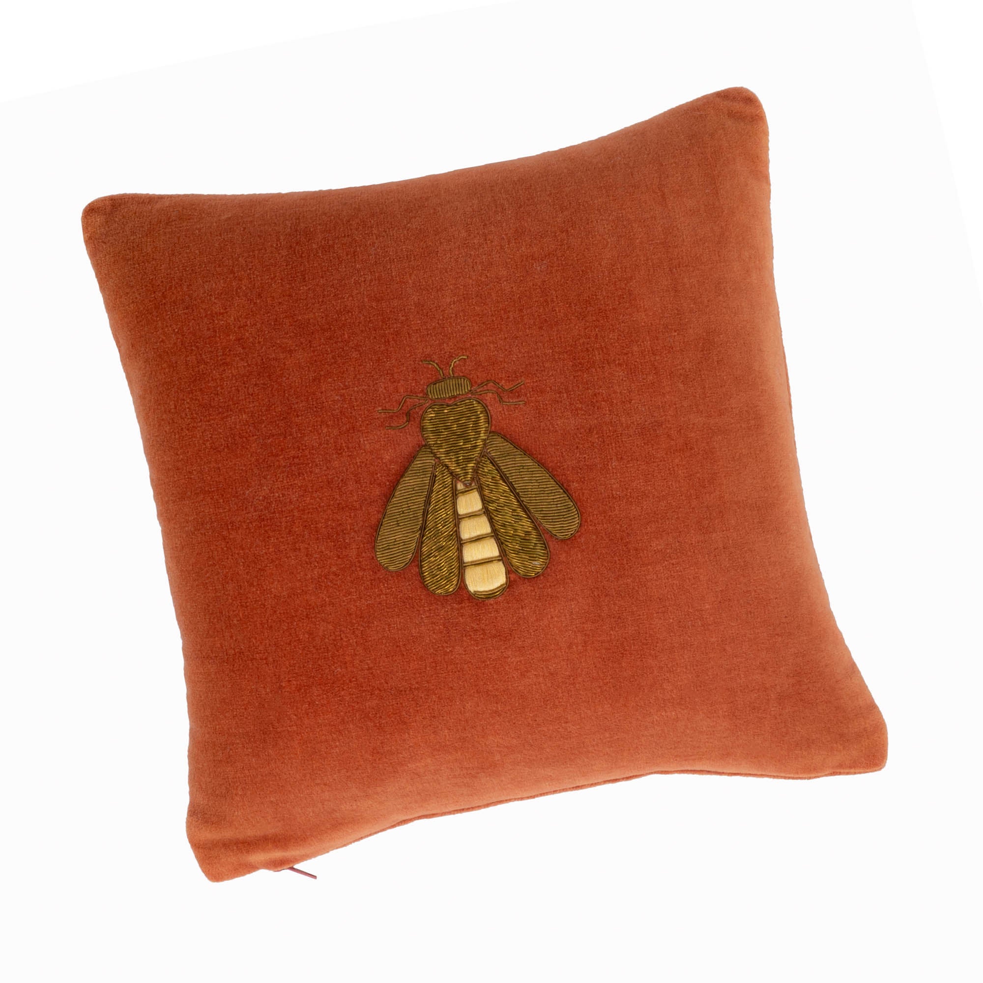 Chouchou Touch 12" x 12" Red Bee Pillow Cover, crafted from silk velvet with golden metal embroidery, adding a luxurious touch to sofas.