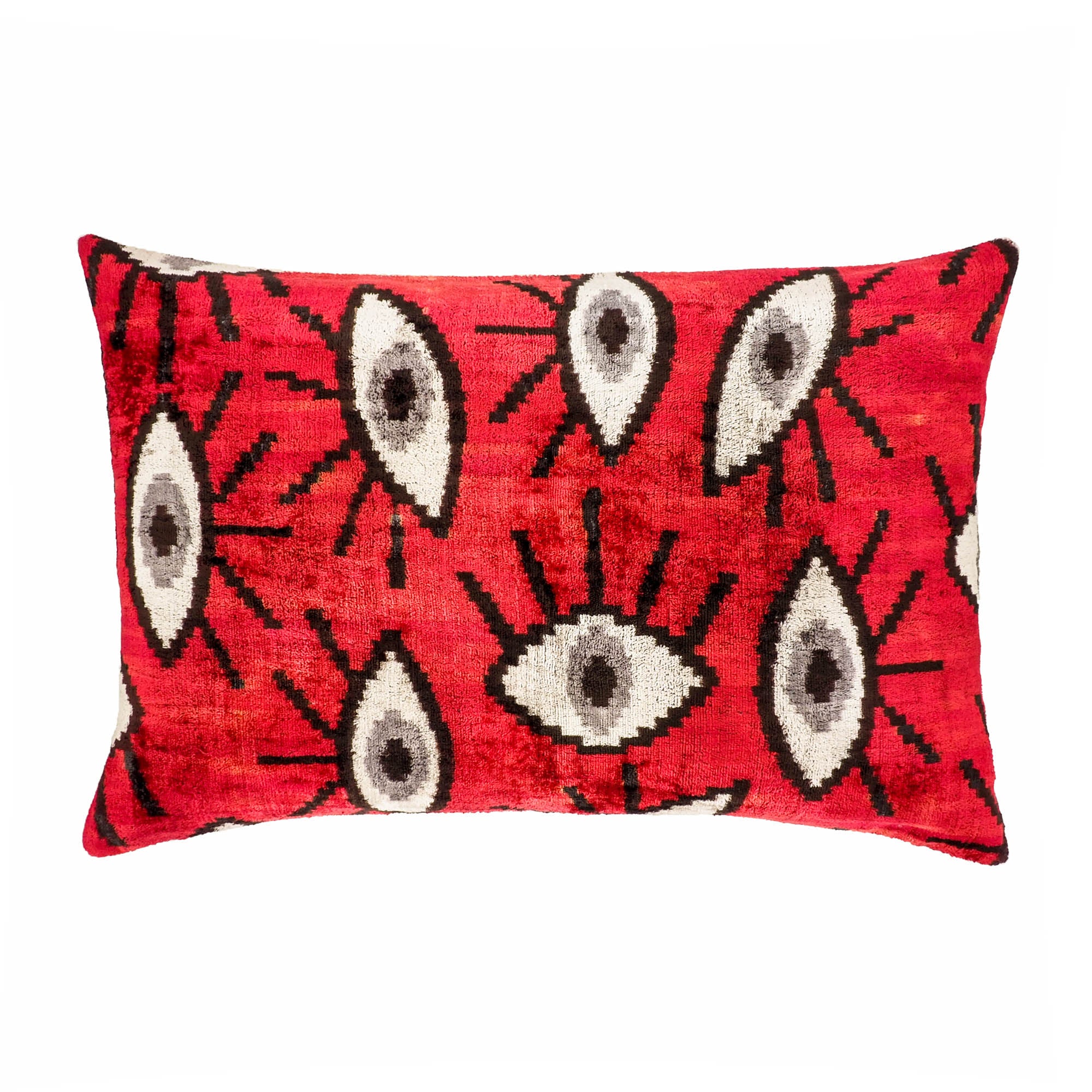 Chouchou Touch Red Eyes Silk Velvet Ikat Pillow Cover, 16 x 24, with rich red tones in handwoven Ikat design, made from high-quality silk velvet for a tactile and colorful accent.