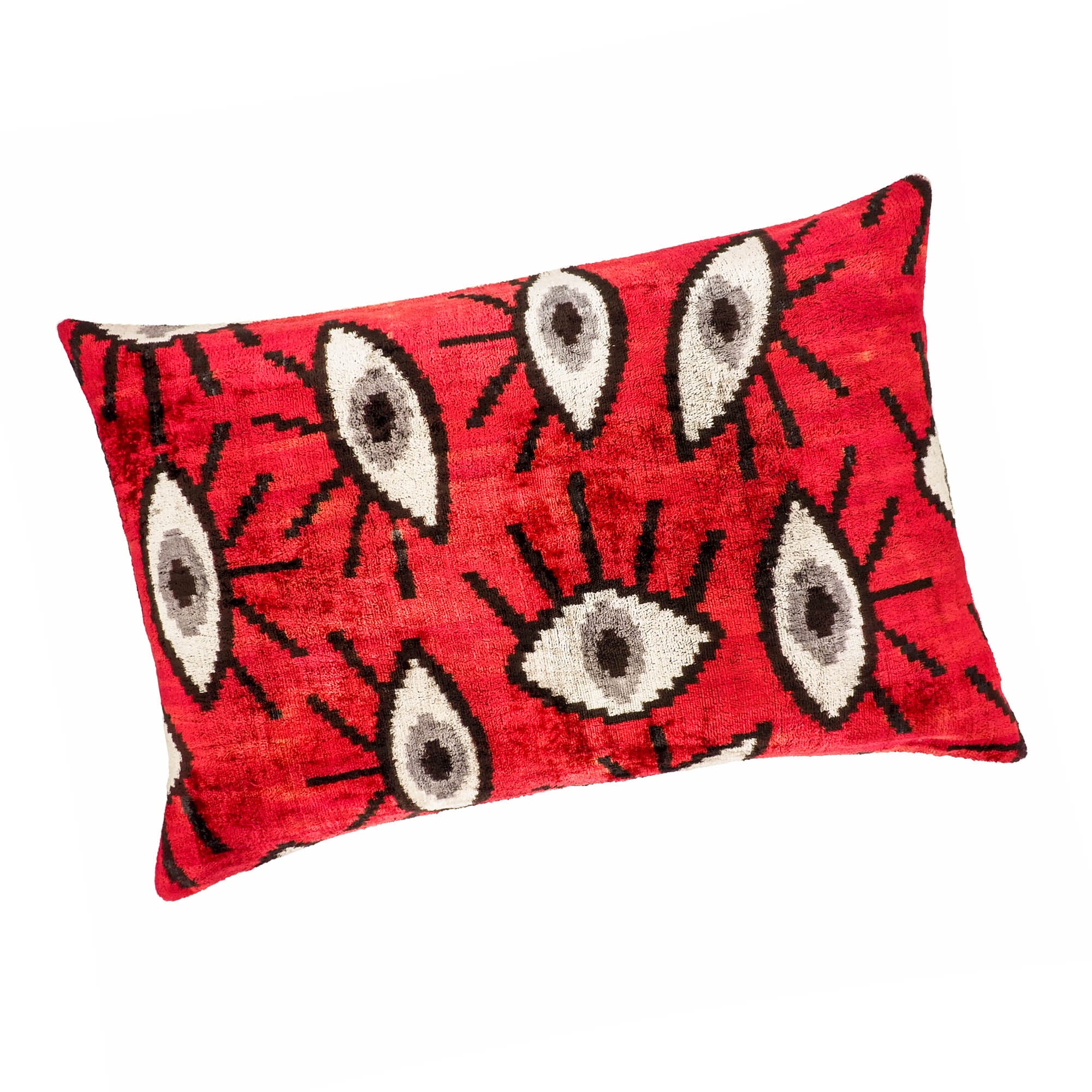 Red Eyes Silk Velvet Ikat Throw Pillow Cover, 16 x 24, showcasing intricate red Ikat patterns woven into smooth silk velvet, perfect for enhancing your living room decor.