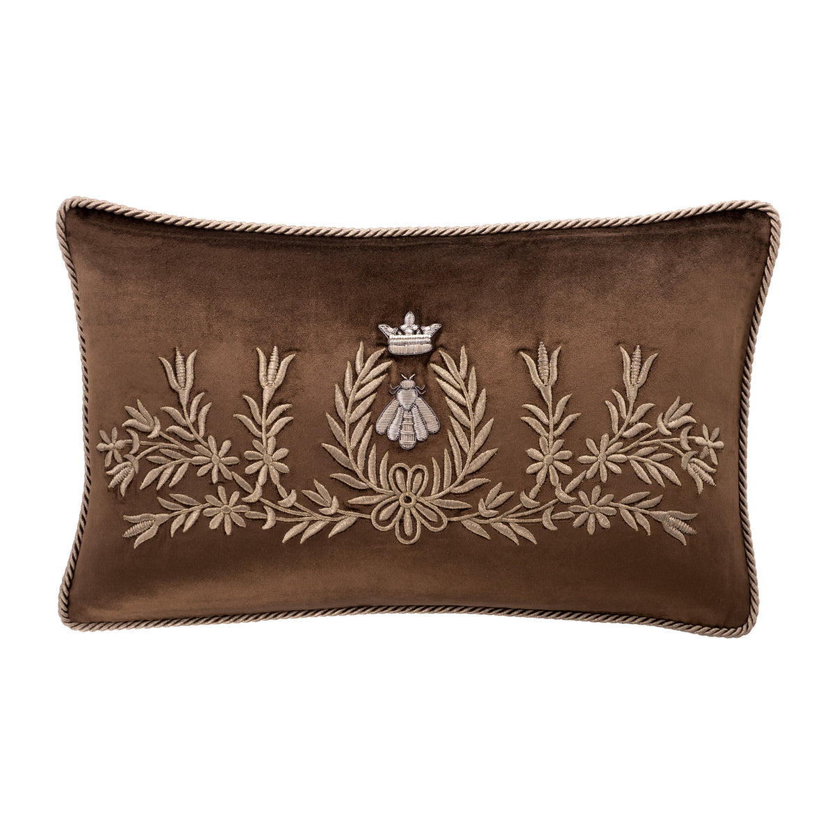 Front view of the Regina brown silk velvet pillow cover with antique-gold crowned bee and floral embroidery, 12 x 20 inches.