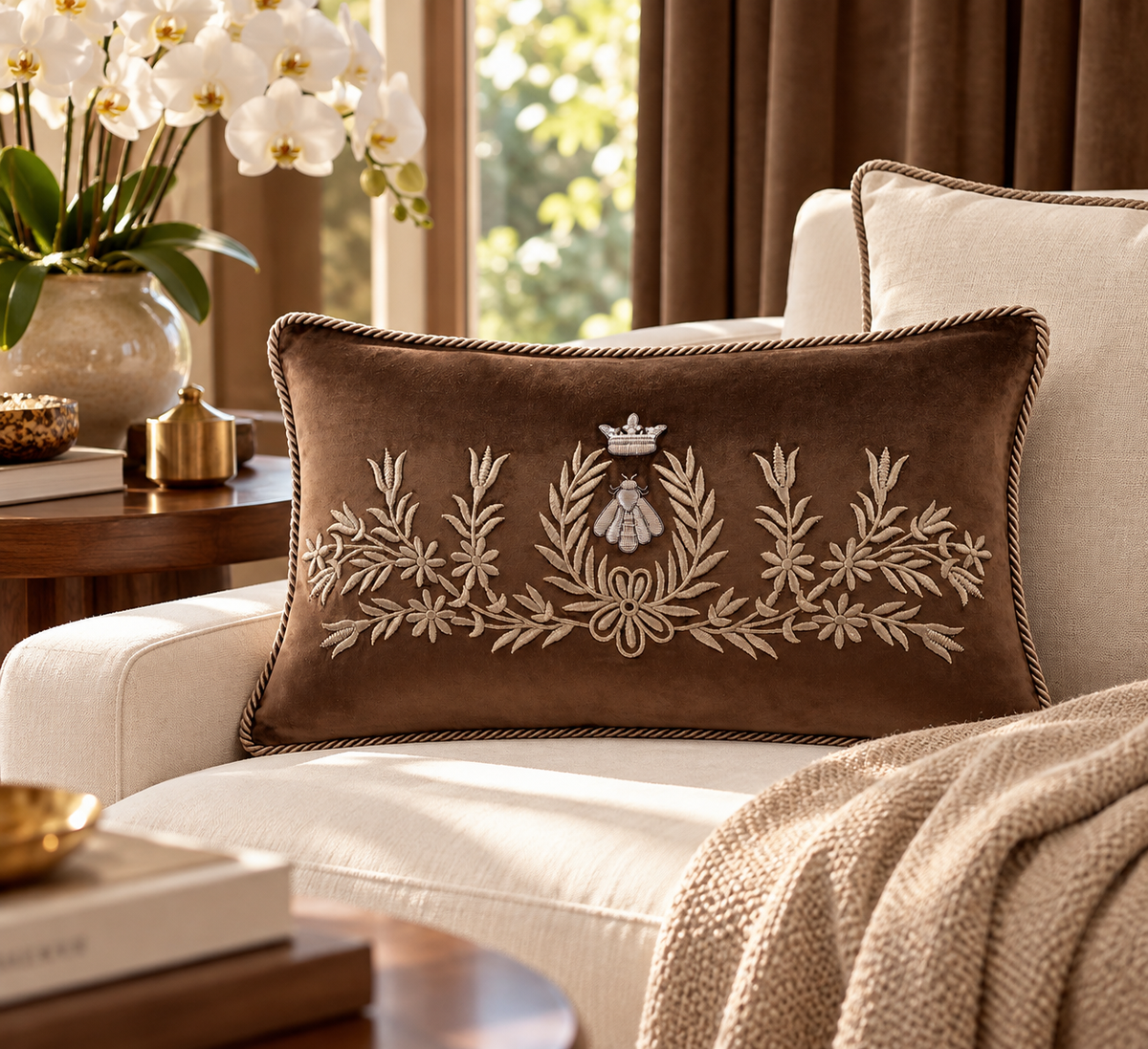 Regina brown silk velvet pillow with crowned bee and floral embroidery on a white sofa,.